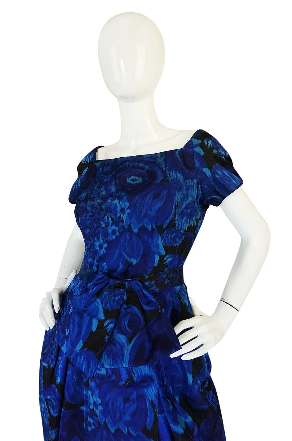 1950s Deep Blue Floral Demi-Couture Level Silk Dress