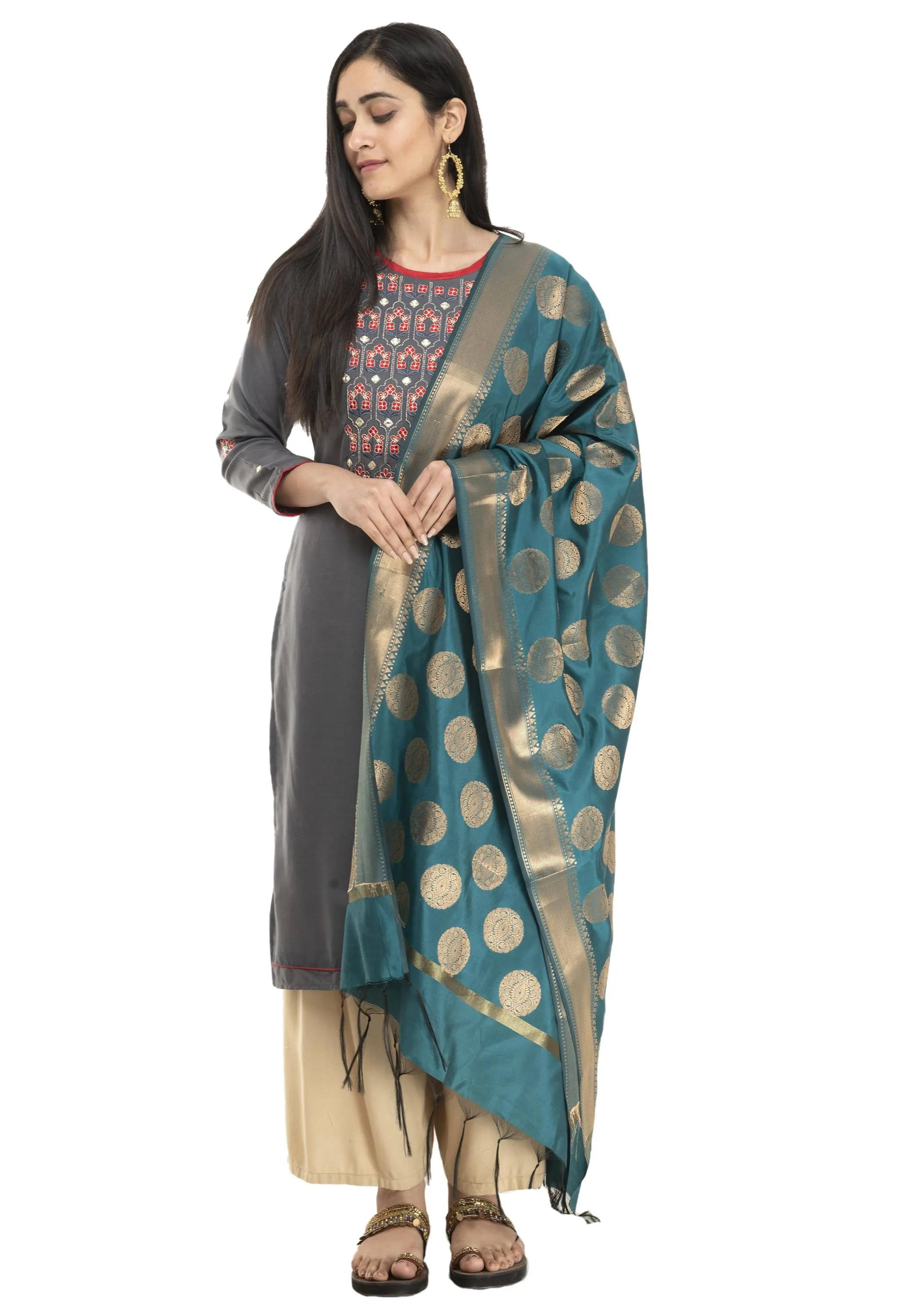 A R Silk Women's Tapeta Silk Zari Work Dark Rama Banarsi Silk Dupatta ARS0408