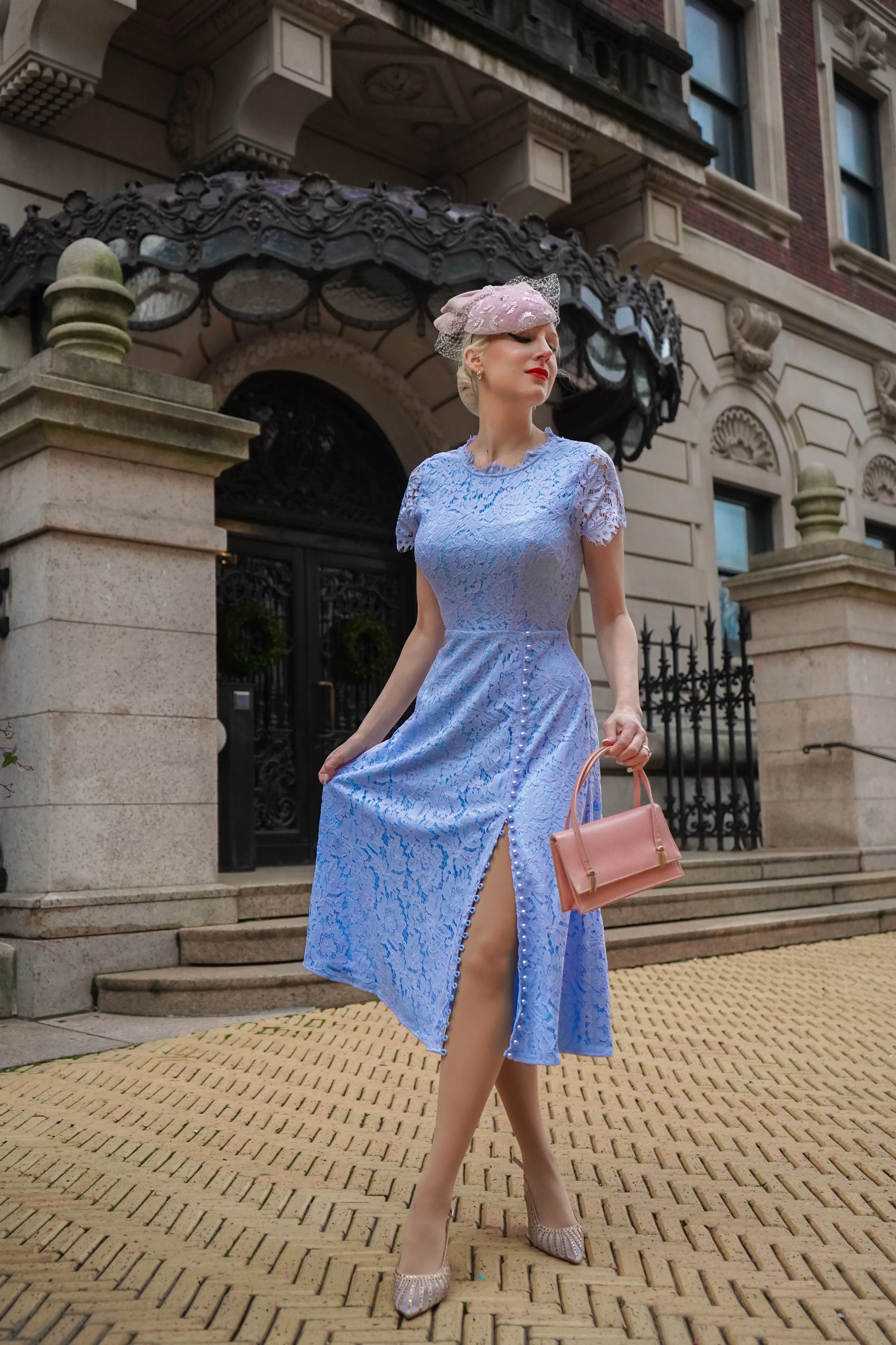 Abigail lace- baby blue lace dress with pearl buttons