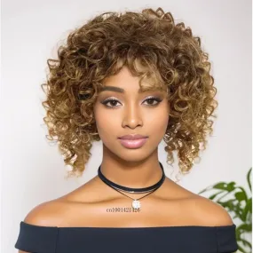 Afro Curly Wigs for Women Synthetic Hair Ombre Brown Wig with Bangs Heat Resitant Fiber Costume Wigs Natural Haircuts Mommy Wig