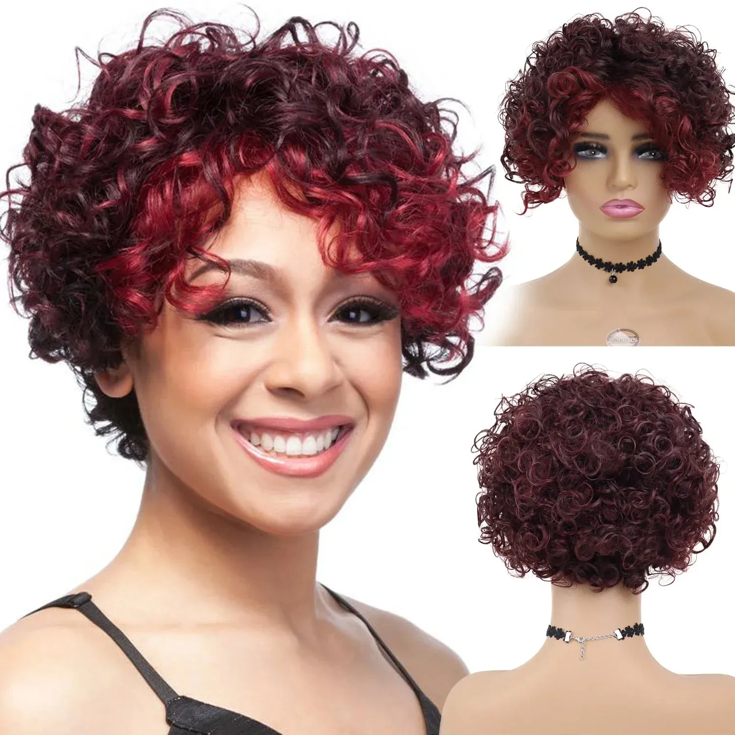 Afro Short Wig Culry Hair Synthetic Wigs with Bangs High Temperature Fiber Wig for Woman Mix Brown Colly Fashion Hairstyle Cute