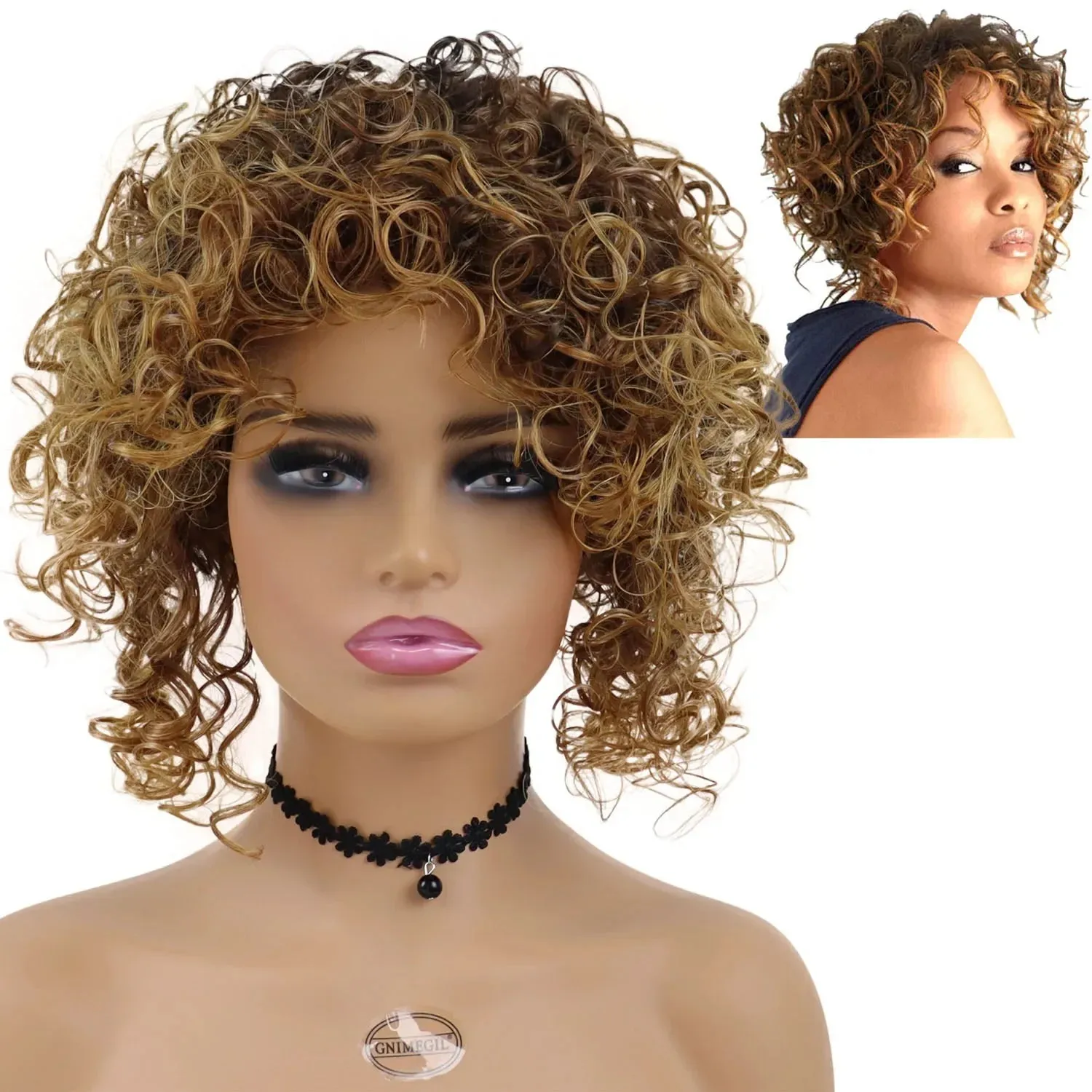 Afro Short Wig Culry Hair Synthetic Wigs with Bangs High Temperature Fiber Wig for Woman Mix Brown Colly Fashion Hairstyle Cute