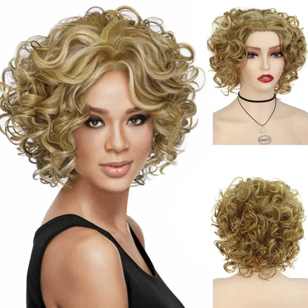 Afro Short Wig Culry Hair Synthetic Wigs with Bangs High Temperature Fiber Wig for Woman Mix Brown Colly Fashion Hairstyle Cute