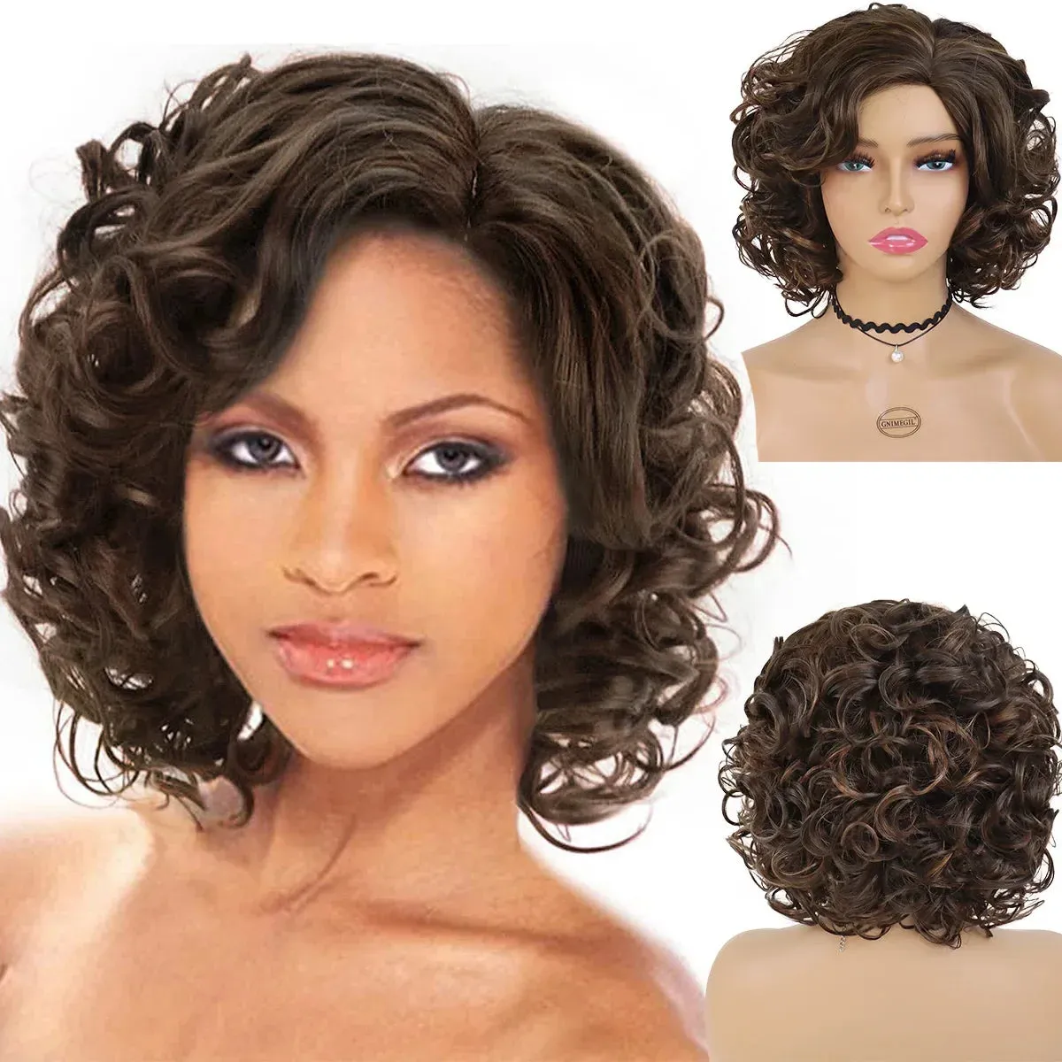 Afro Short Wig Culry Hair Synthetic Wigs with Bangs High Temperature Fiber Wig for Woman Mix Brown Colly Fashion Hairstyle Cute