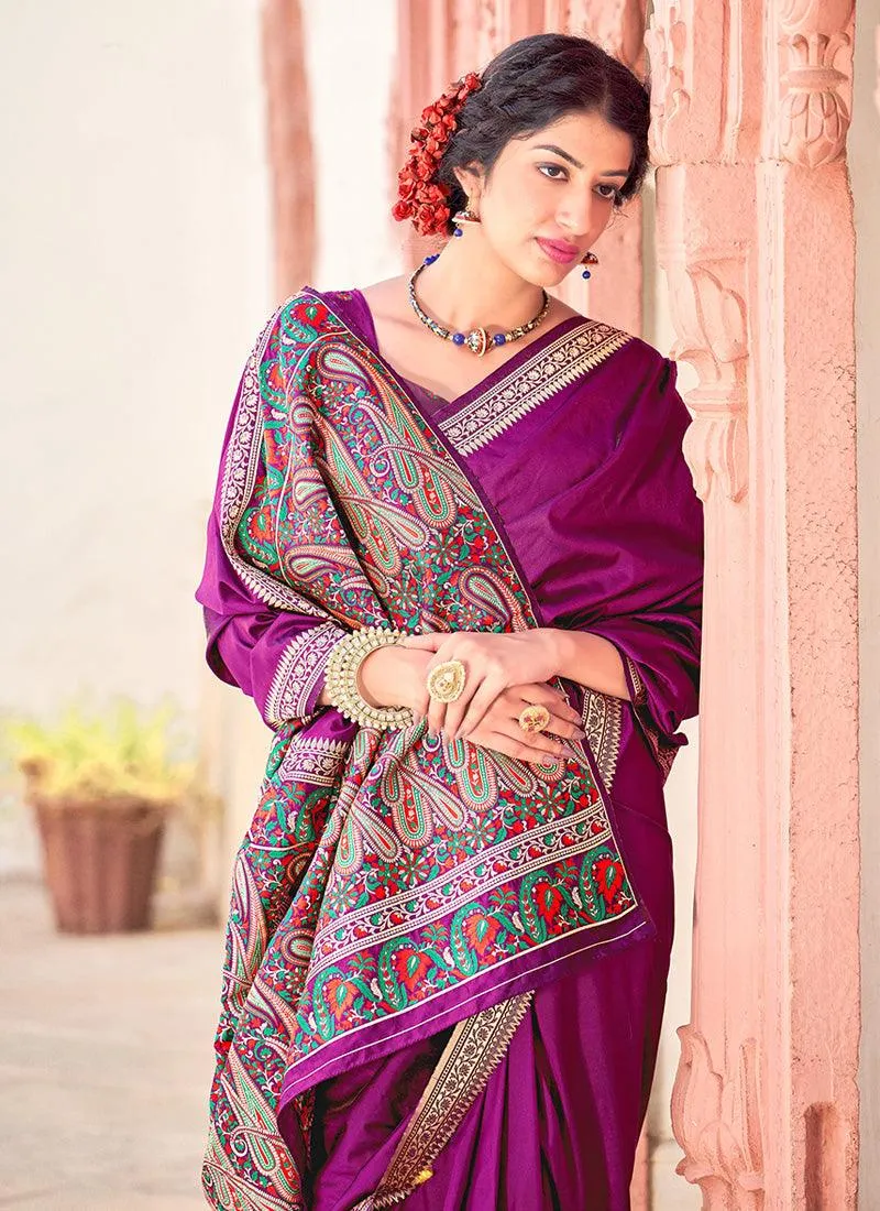 Astonishing Banarasi Silk Fabric Purple Color Silk Weave Embroidered Saree