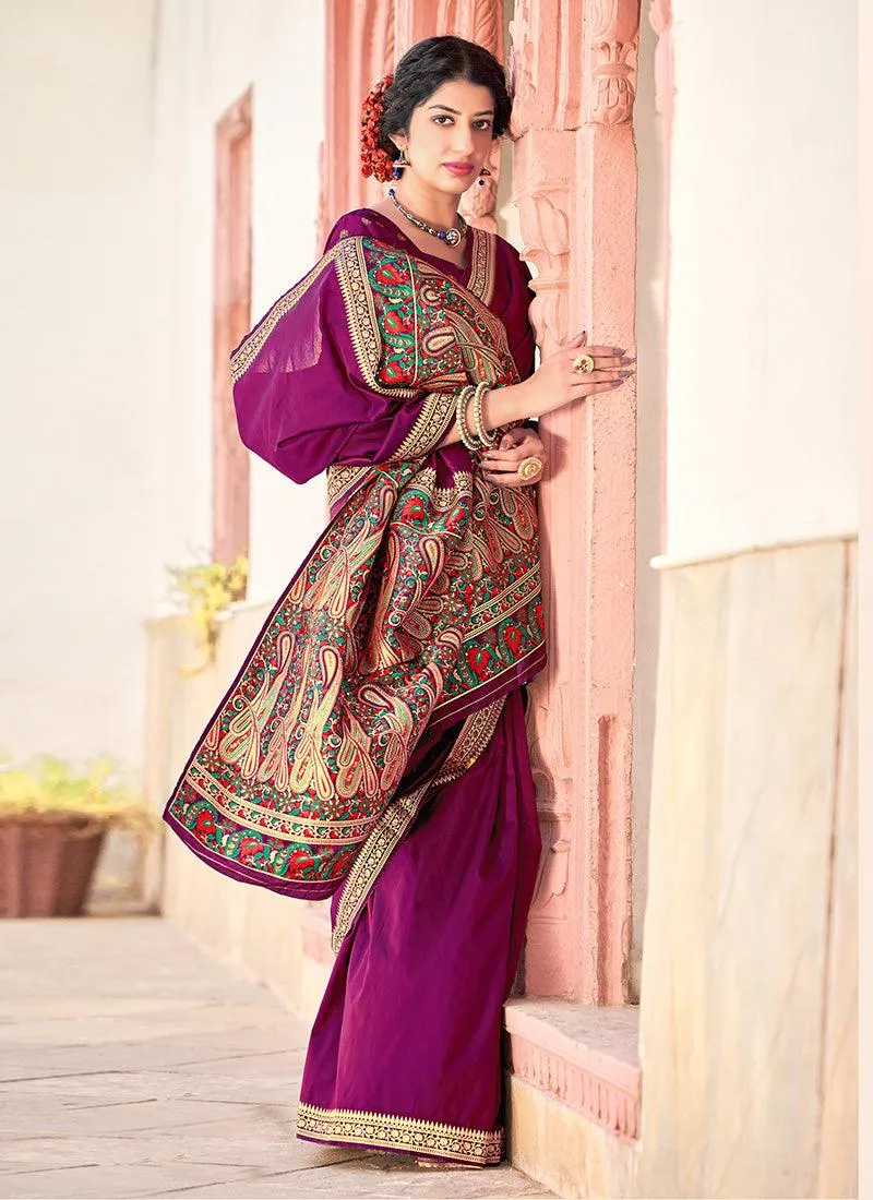 Astonishing Banarasi Silk Fabric Purple Color Silk Weave Embroidered Saree