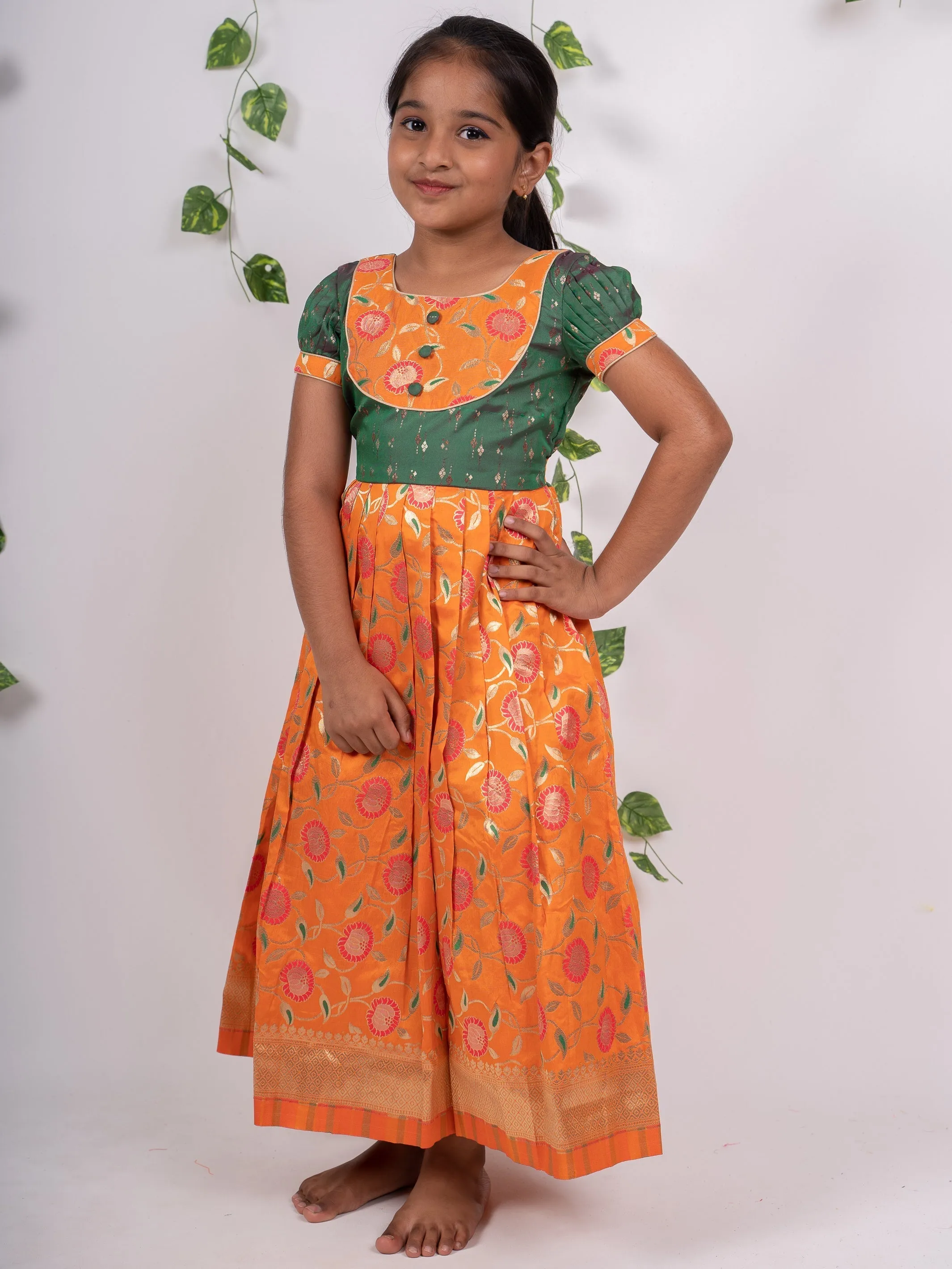 Banarasi Silk Nesavu Green Orange Floor length Silk Frock