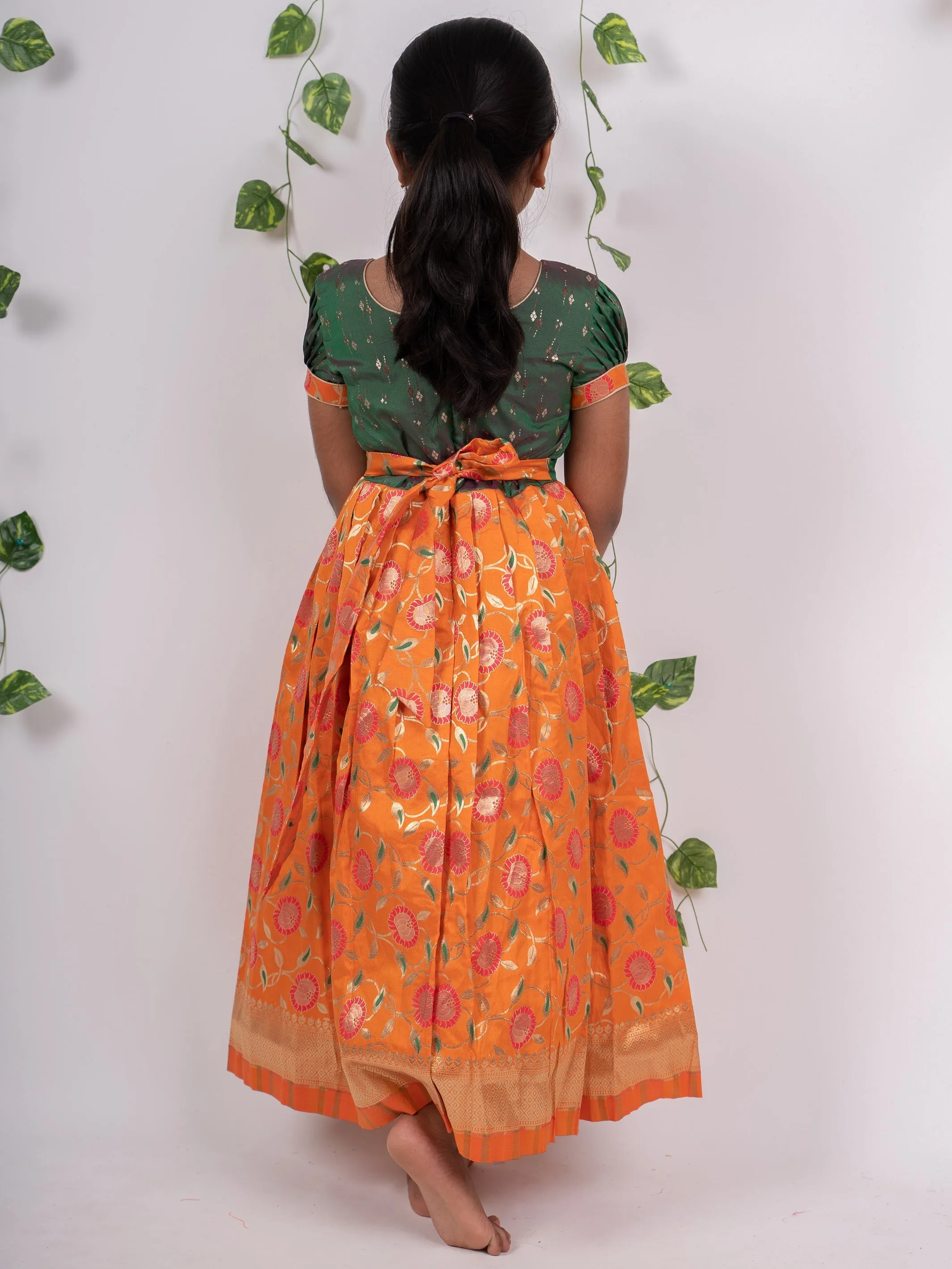 Banarasi Silk Nesavu Green Orange Floor length Silk Frock