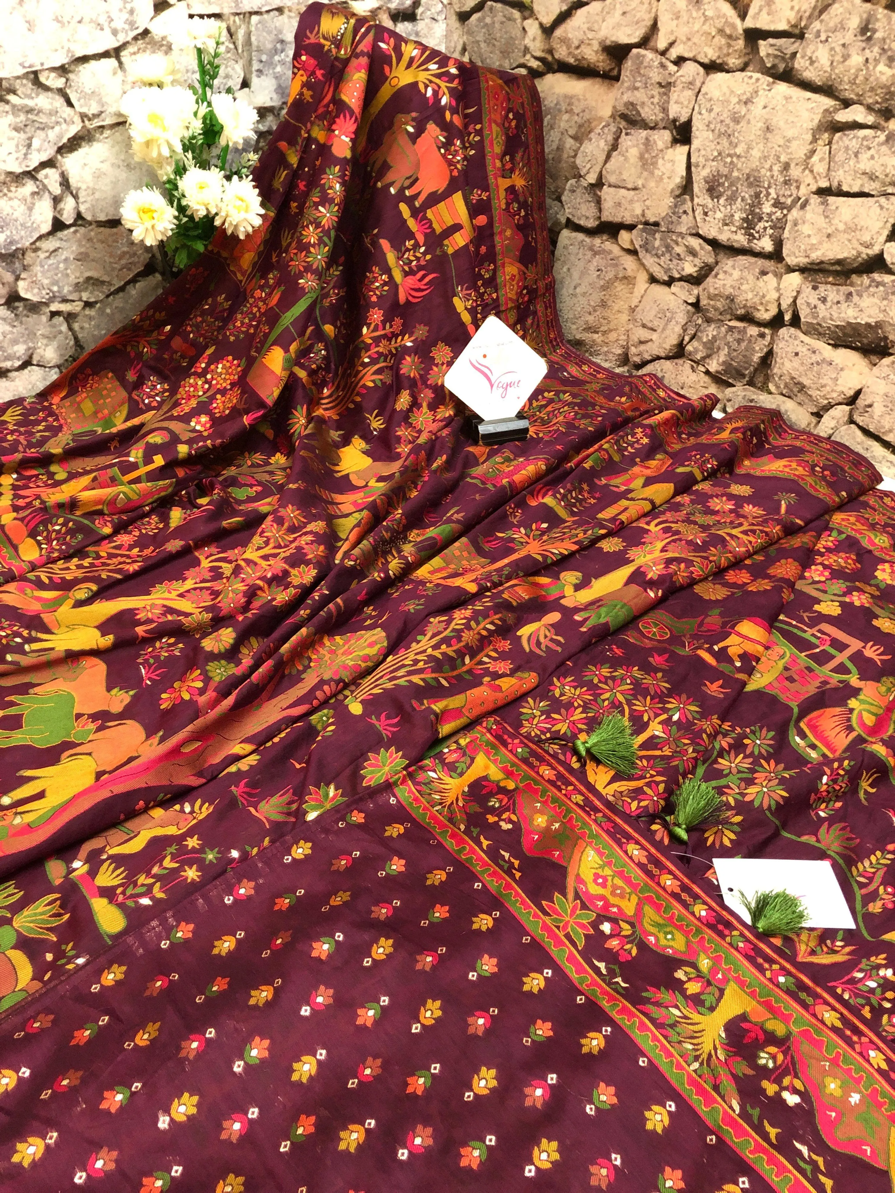 Beetroot Color Designer Kani Silk Saree