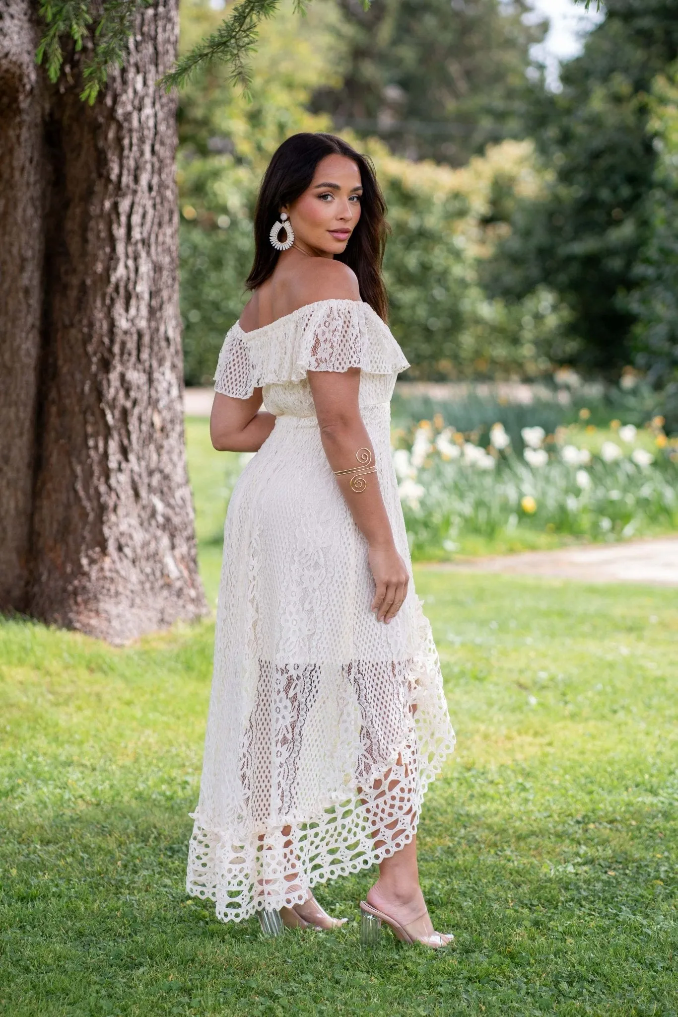 Beige Boho Lace Bardot Dress