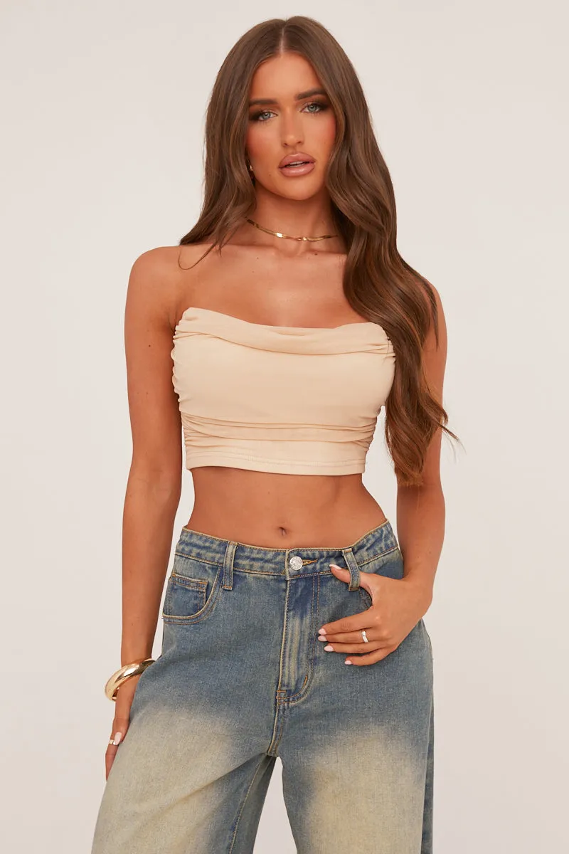 Beige Cowl Neck Corset Detail Cropped Top - Immy