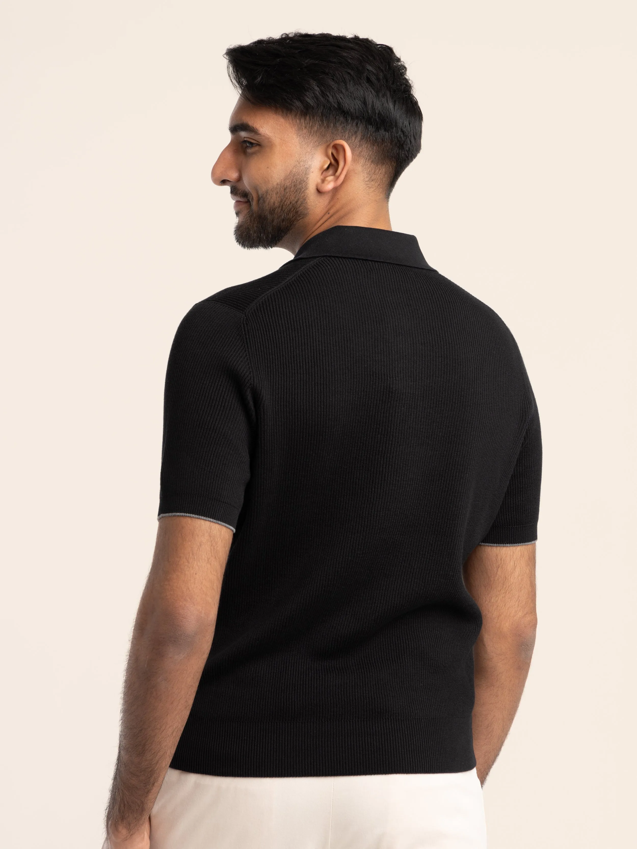 Black Ribbed Cotton Polo Shirt