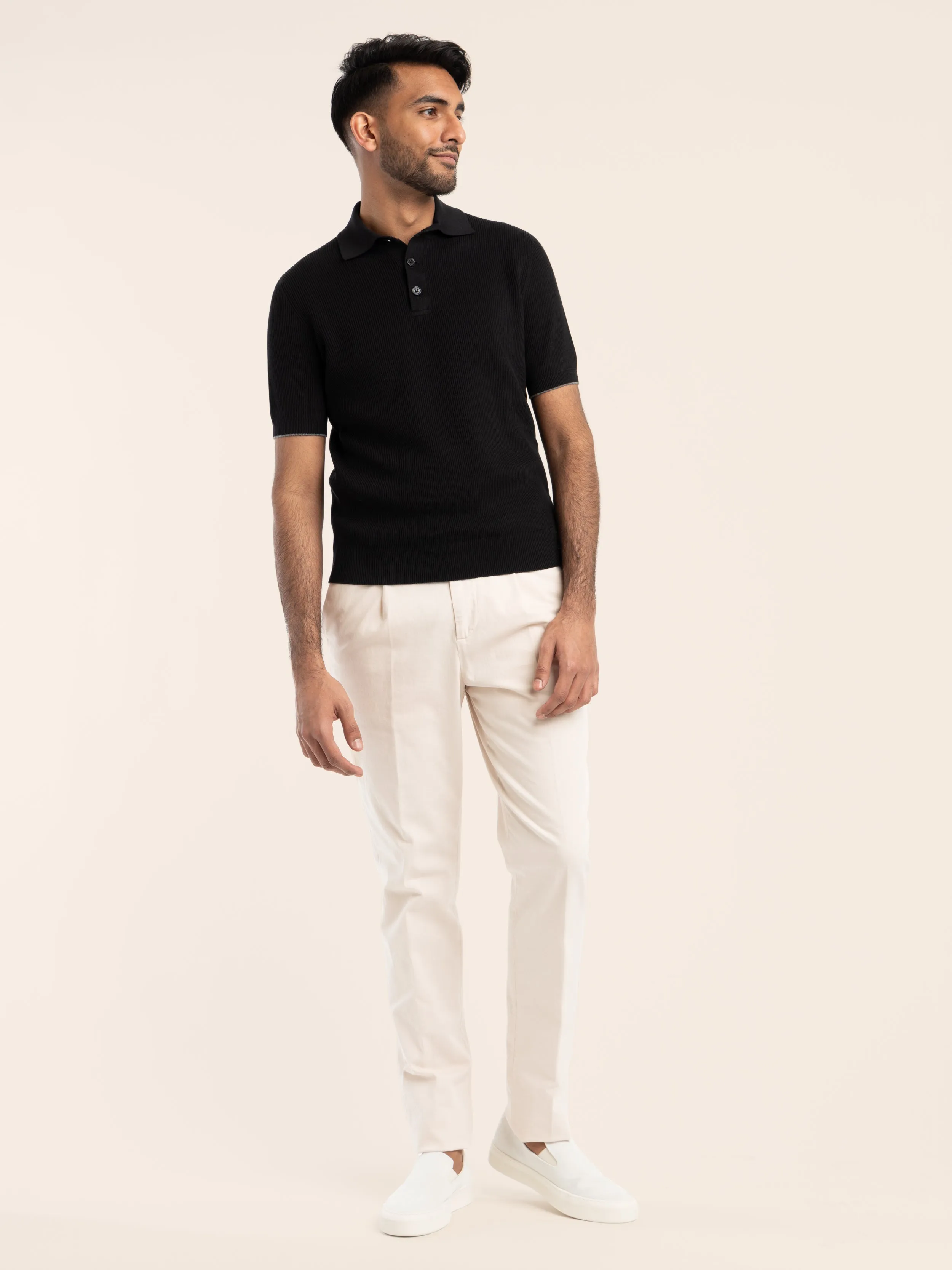 Black Ribbed Cotton Polo Shirt