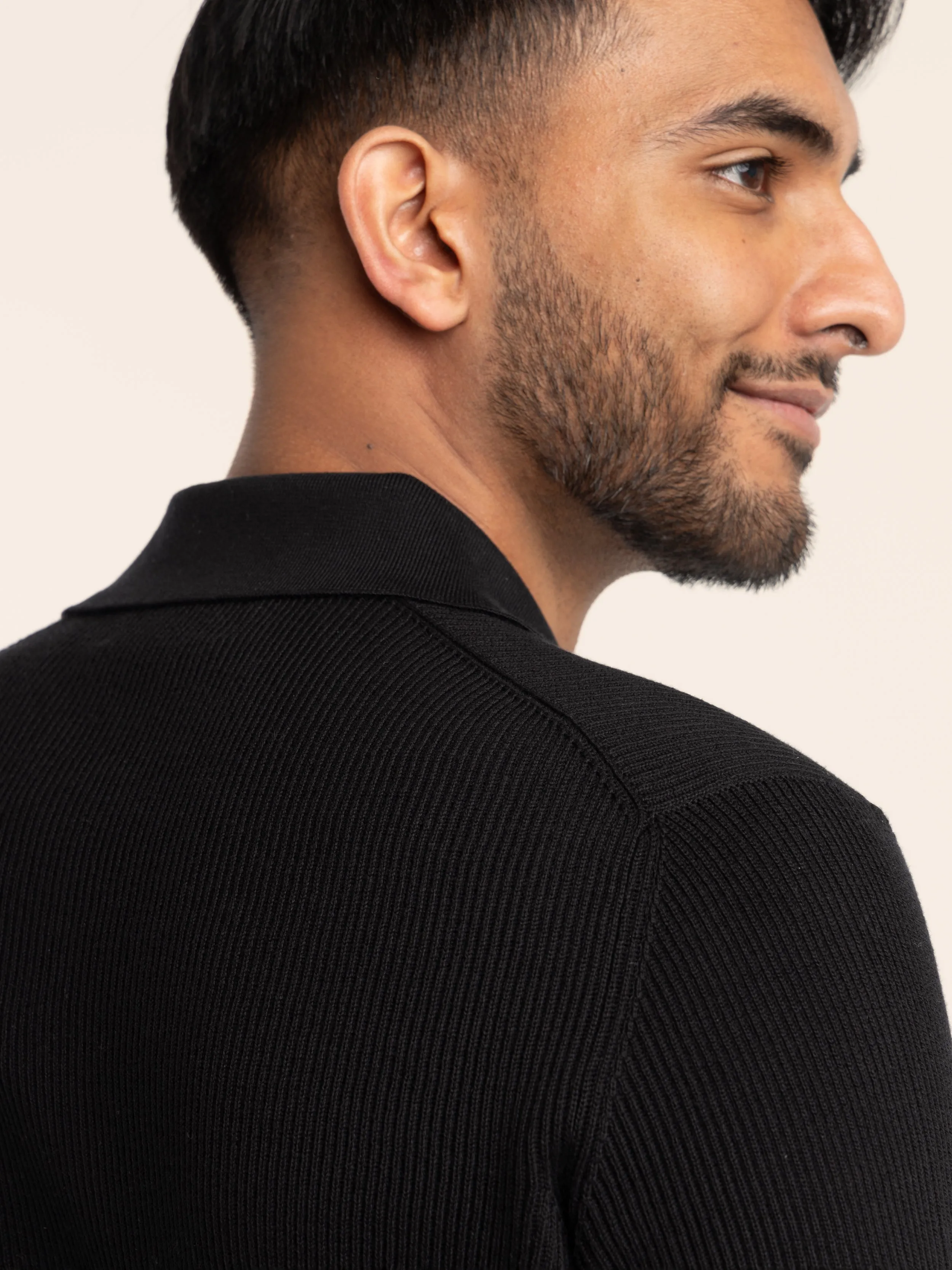 Black Ribbed Cotton Polo Shirt