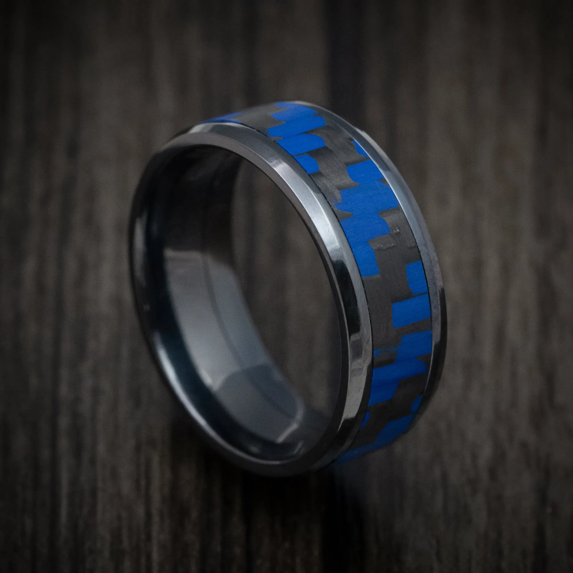 Black Titanium and Blue Carbon Fiber Mens Band