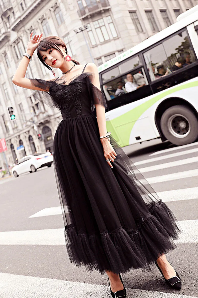 Black tulle lace tea length prom dress, lace tulle evening dress