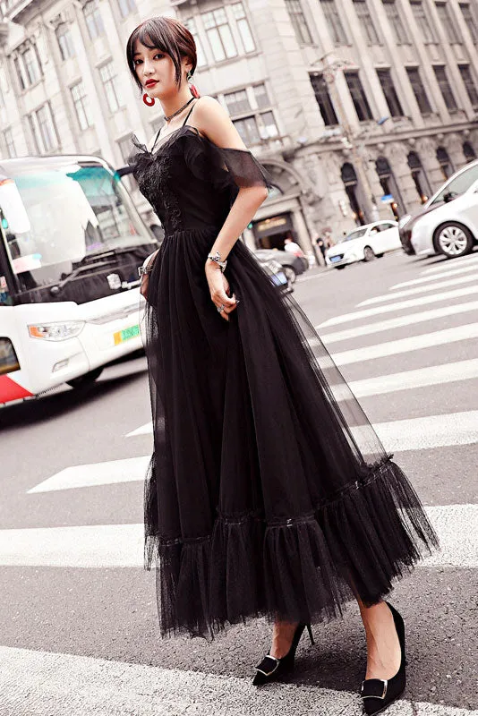 Black tulle lace tea length prom dress, lace tulle evening dress