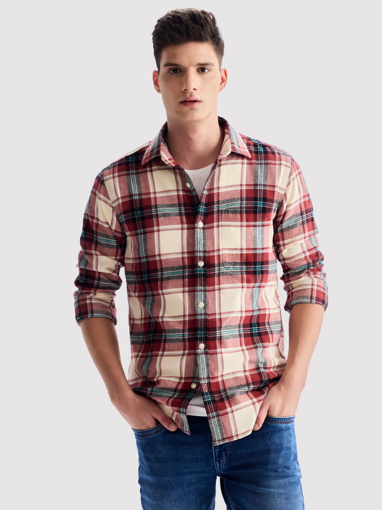 Brown Brushed Cotton Checked Shirt