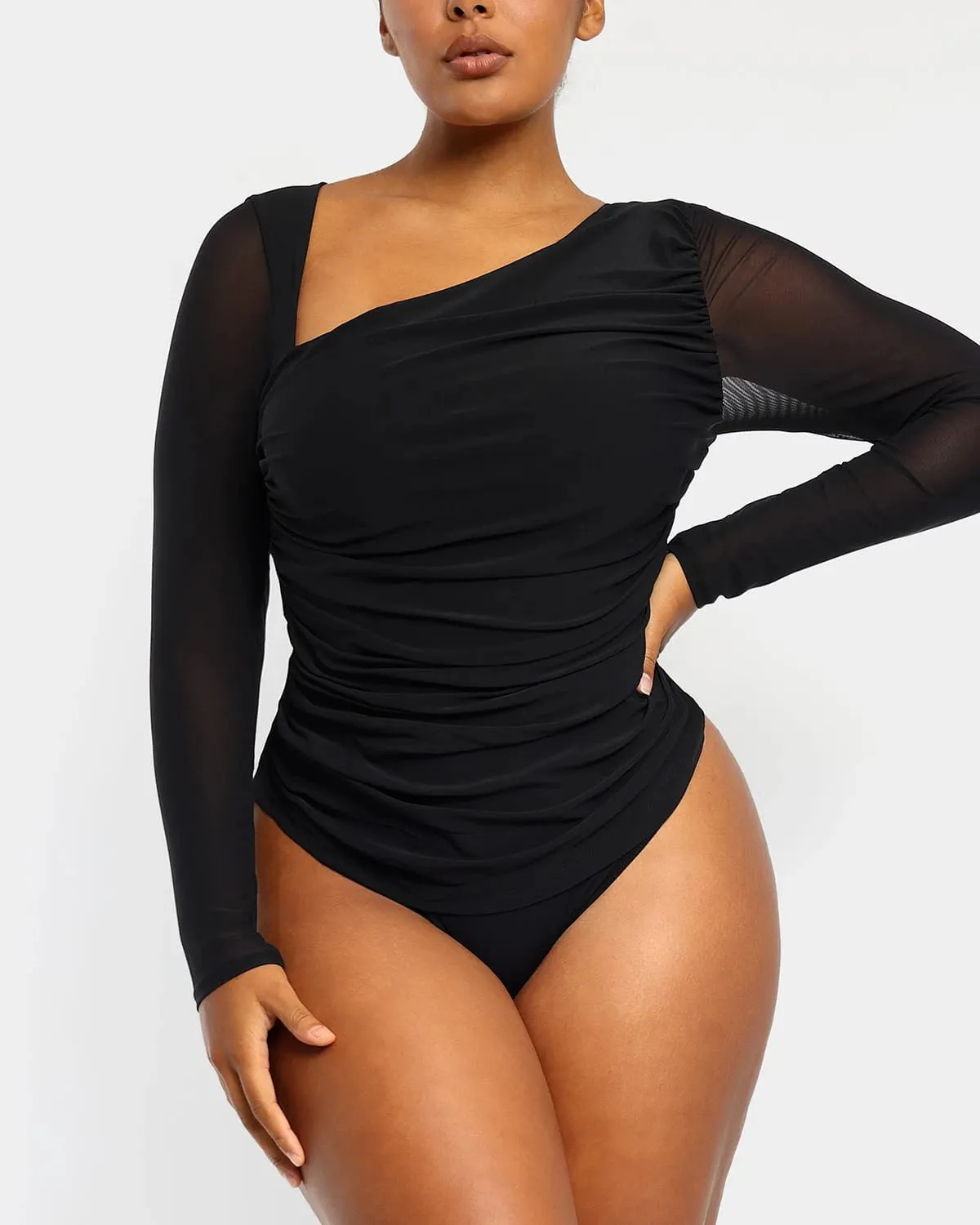 Built-In Shapewear 2-In-1 Slanted V-Neck Mesh Top