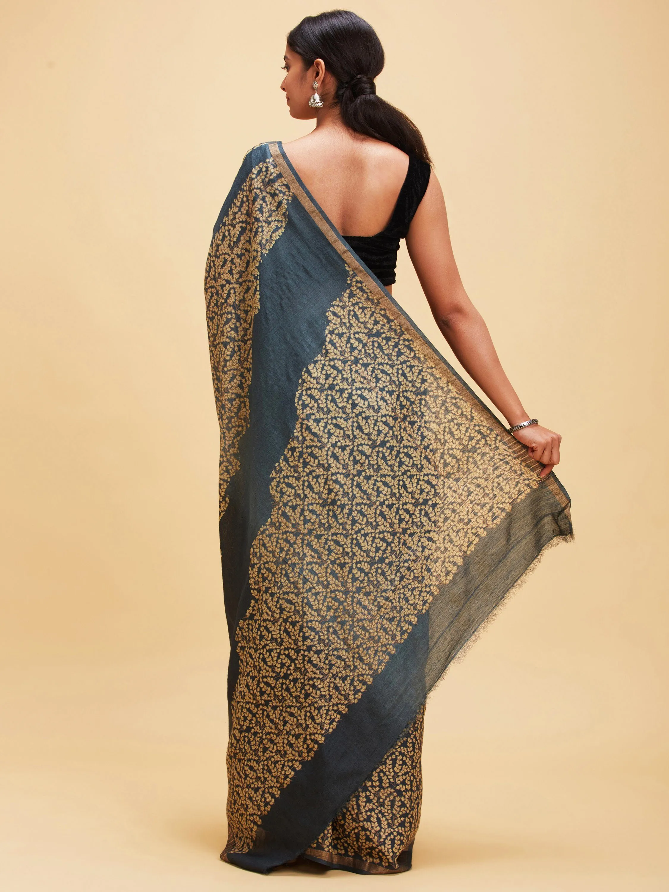 Dark Grey Tussar Silk Sari