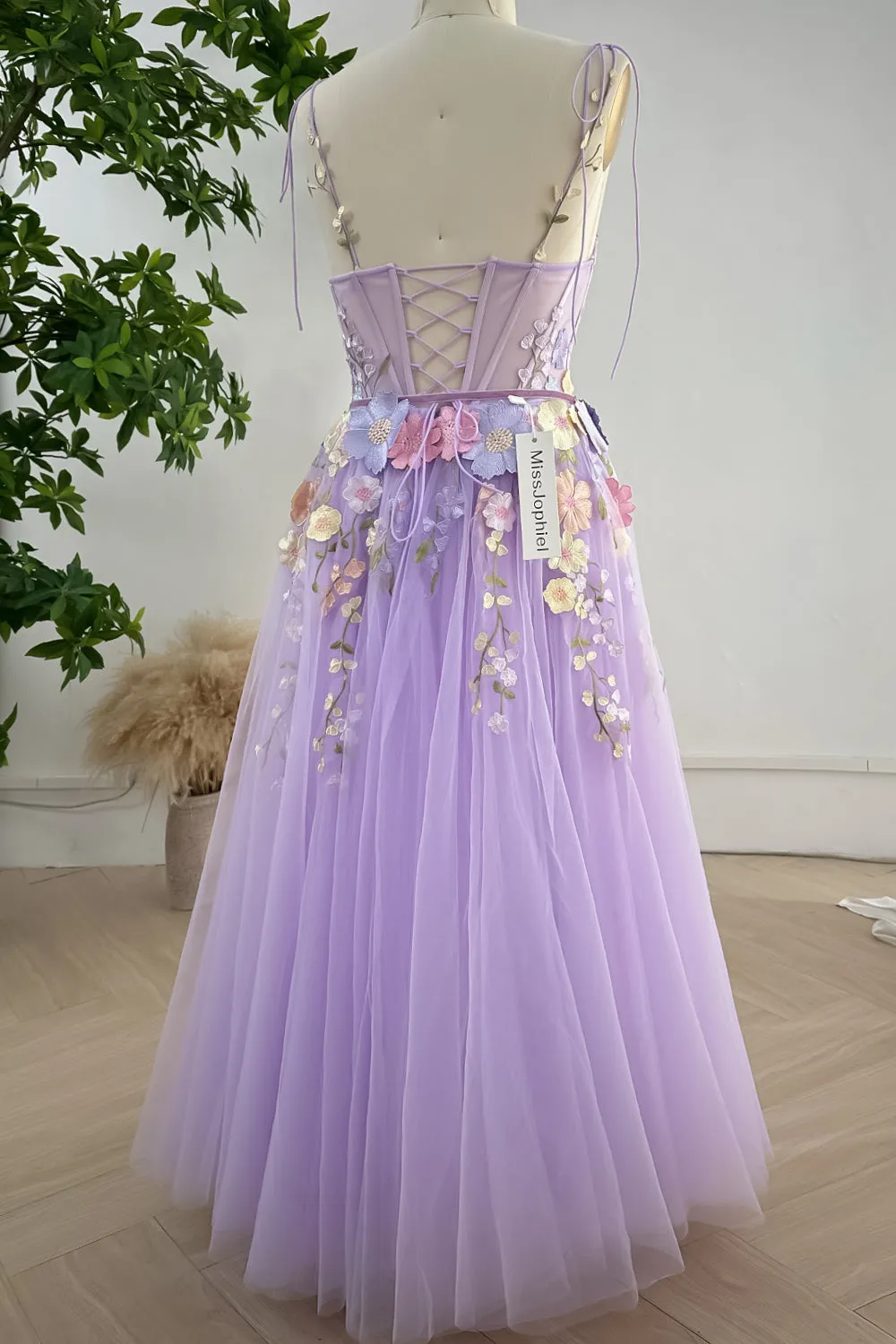 Embroidery Floral Corset Lavender Dress with Removable Tie Straps