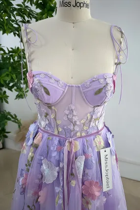 Embroidery Floral Corset Lavender Dress with Removable Tie Straps