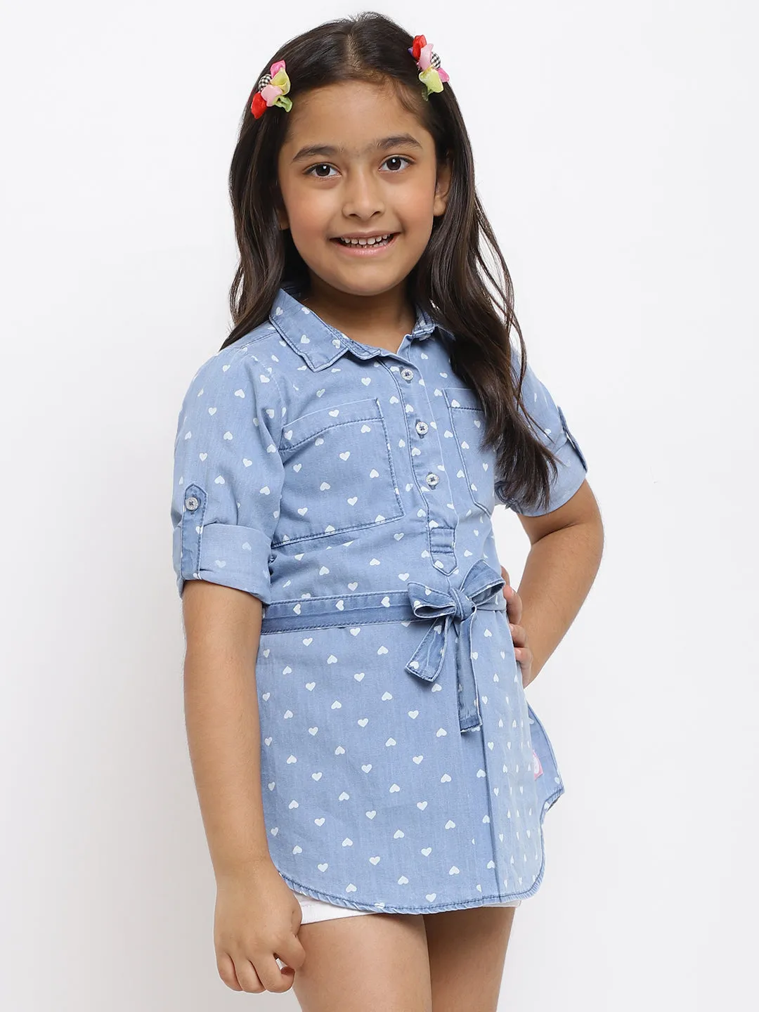 Girls Blue Printed Cotton Top