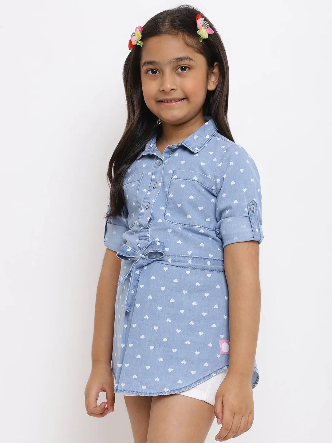 Girls Blue Printed Cotton Top