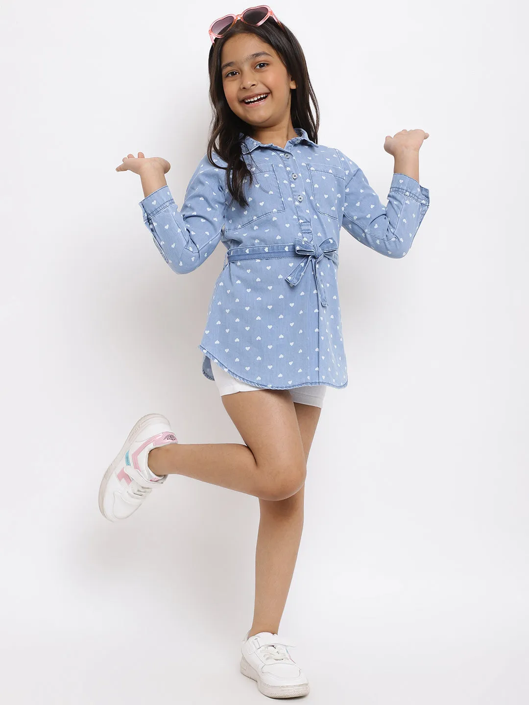 Girls Blue Printed Cotton Top