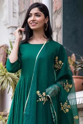 Green Cotton Mul Anarkali Set