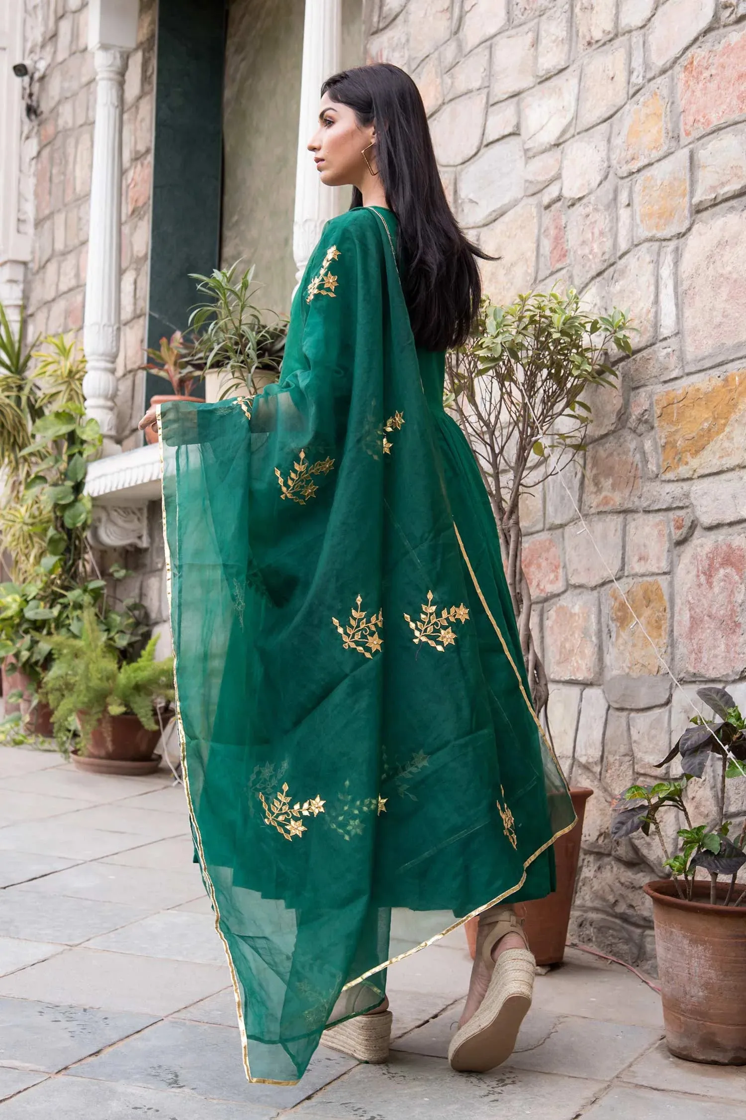 Green Cotton Mul Anarkali Set