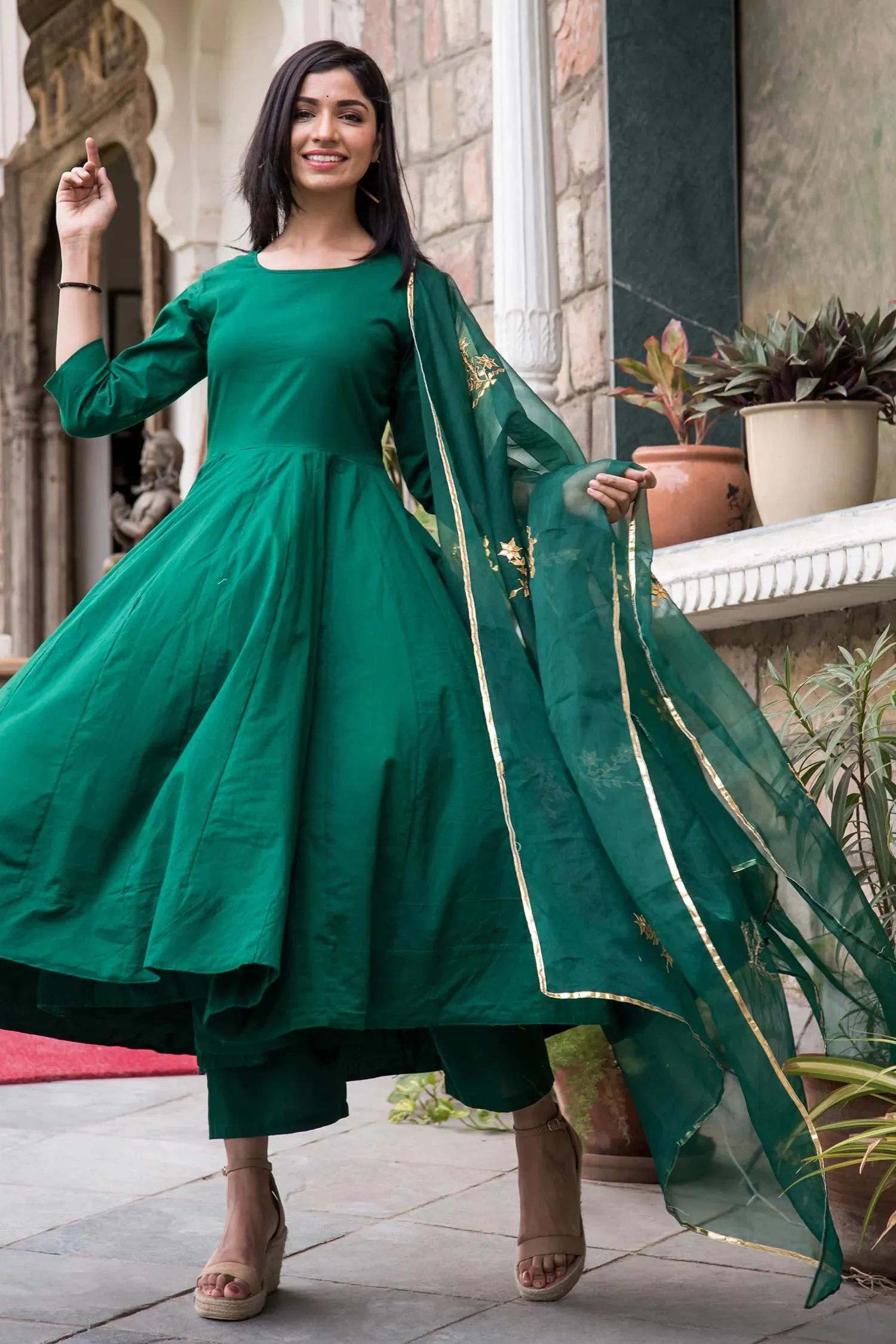 Green Cotton Mul Anarkali Set