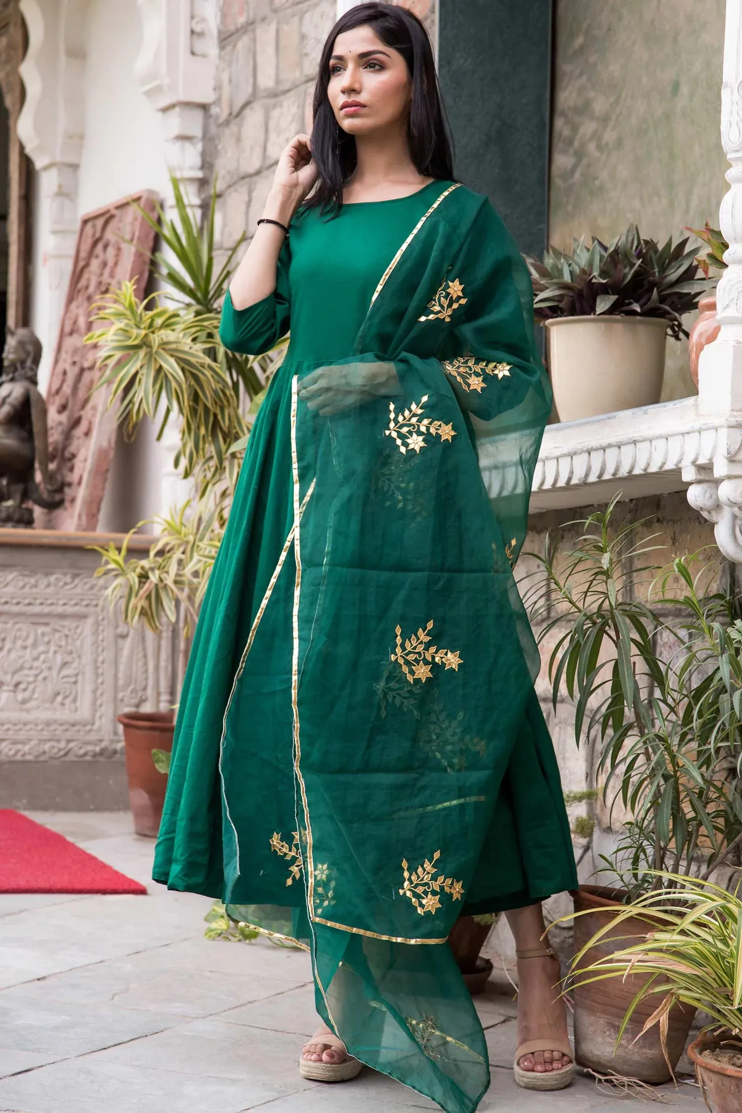 Green Cotton Mul Anarkali Set