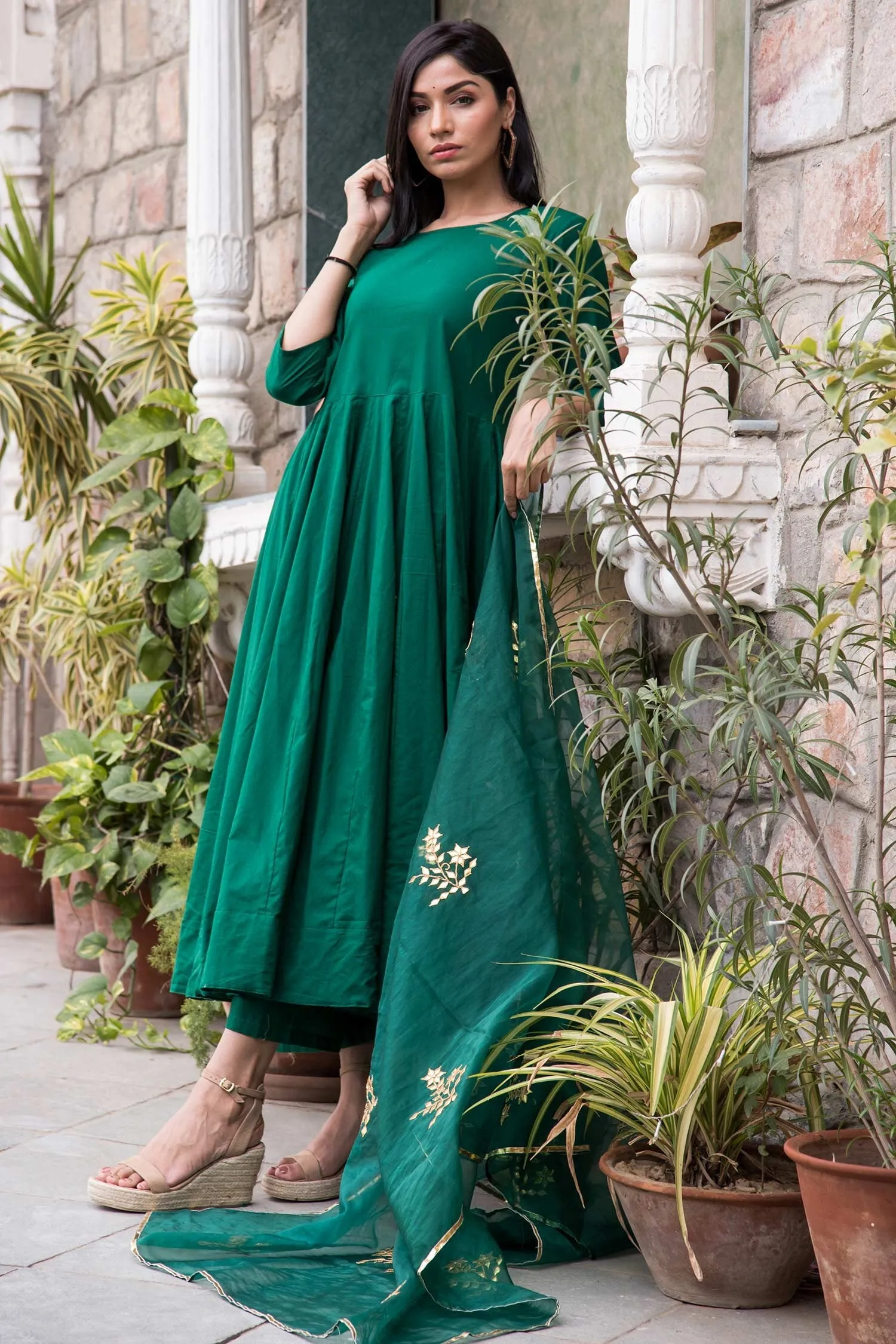 Green Cotton Mul Anarkali Set