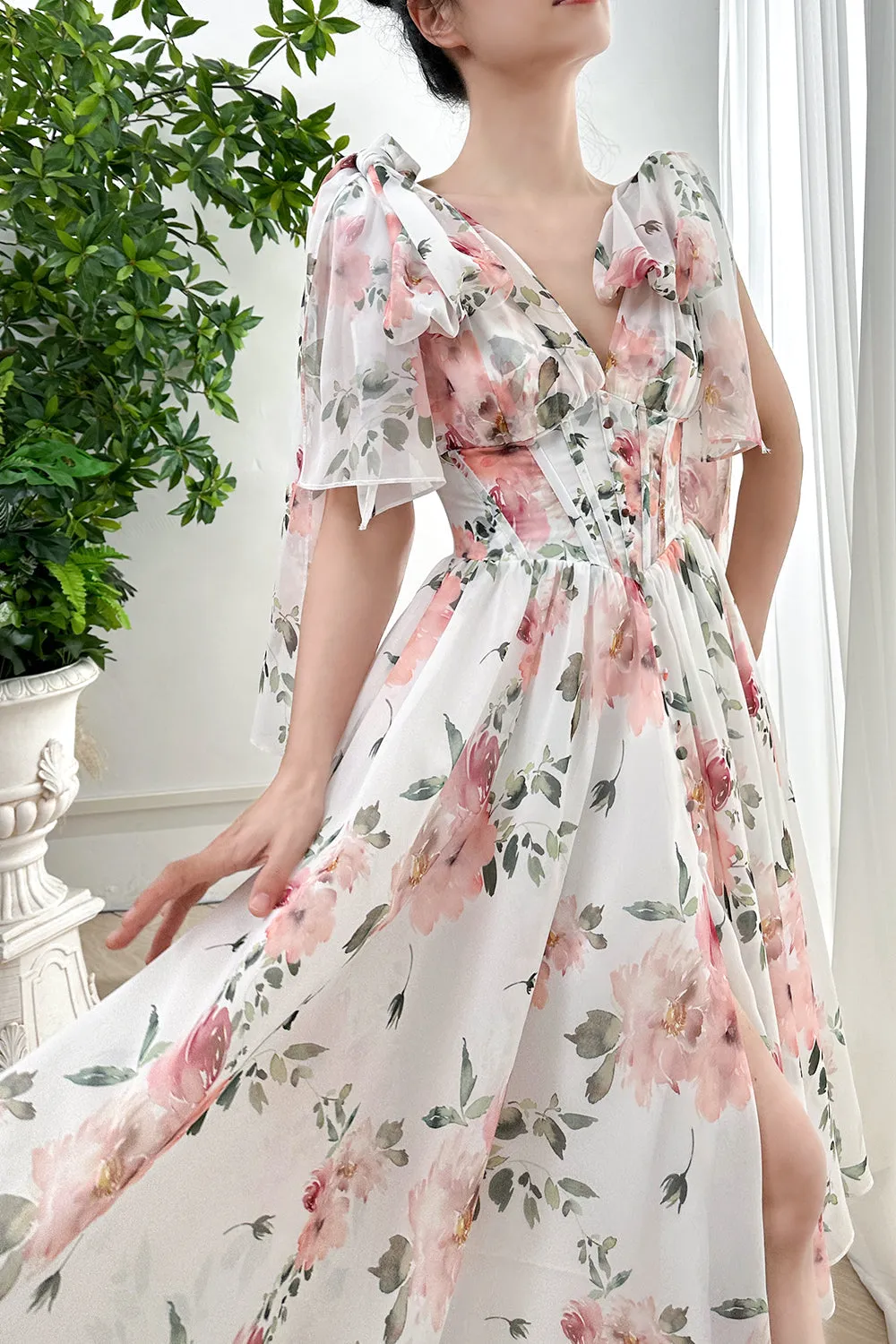 Infinity Corset Floral Print Chiffon Dress with Slit