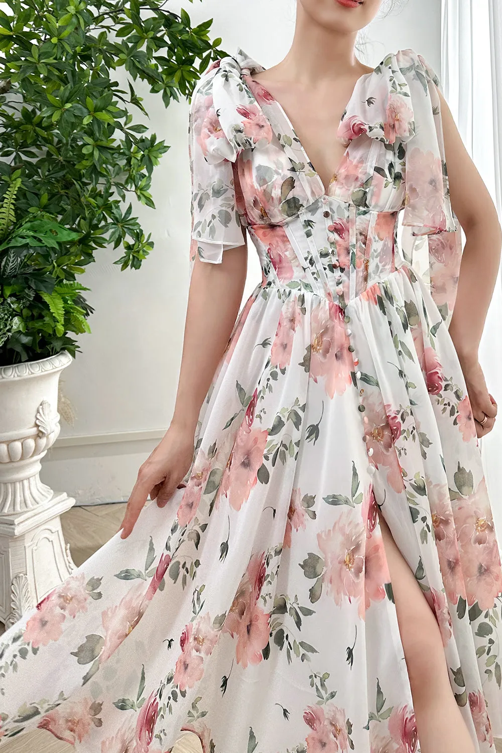 Infinity Corset Floral Print Chiffon Dress with Slit