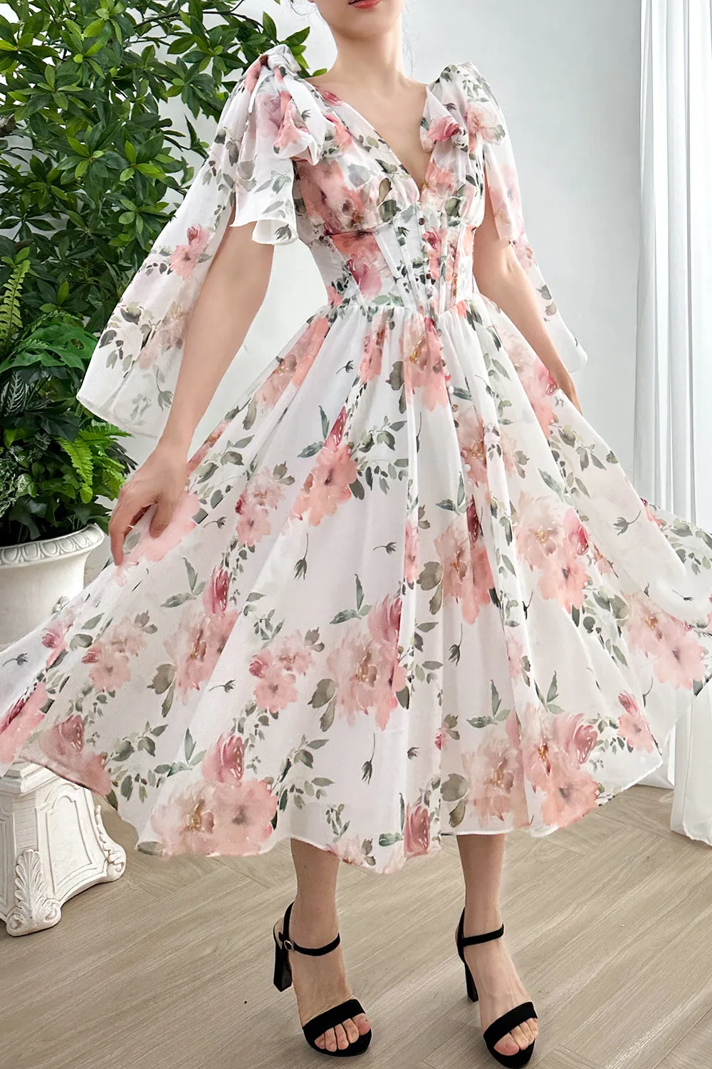 Infinity Corset Floral Print Chiffon Dress with Slit