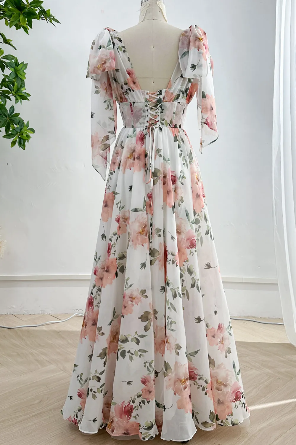 Infinity Corset V Neck Floral Print Chiffon Dress with Slit