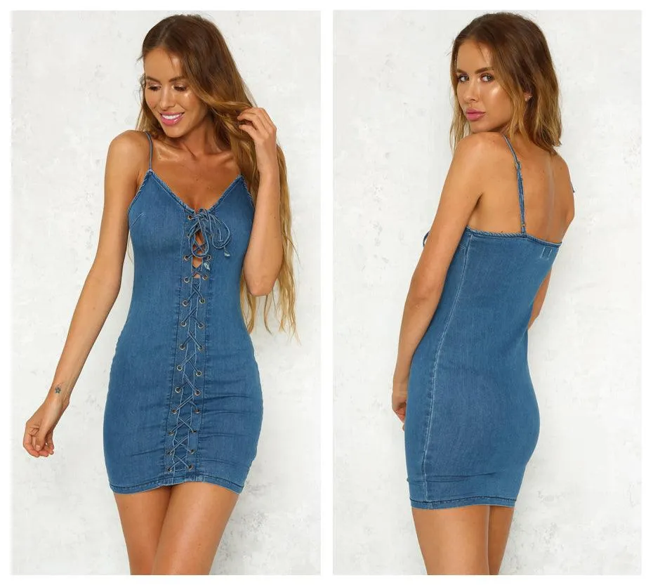 LACE-UP DENIM DRESS