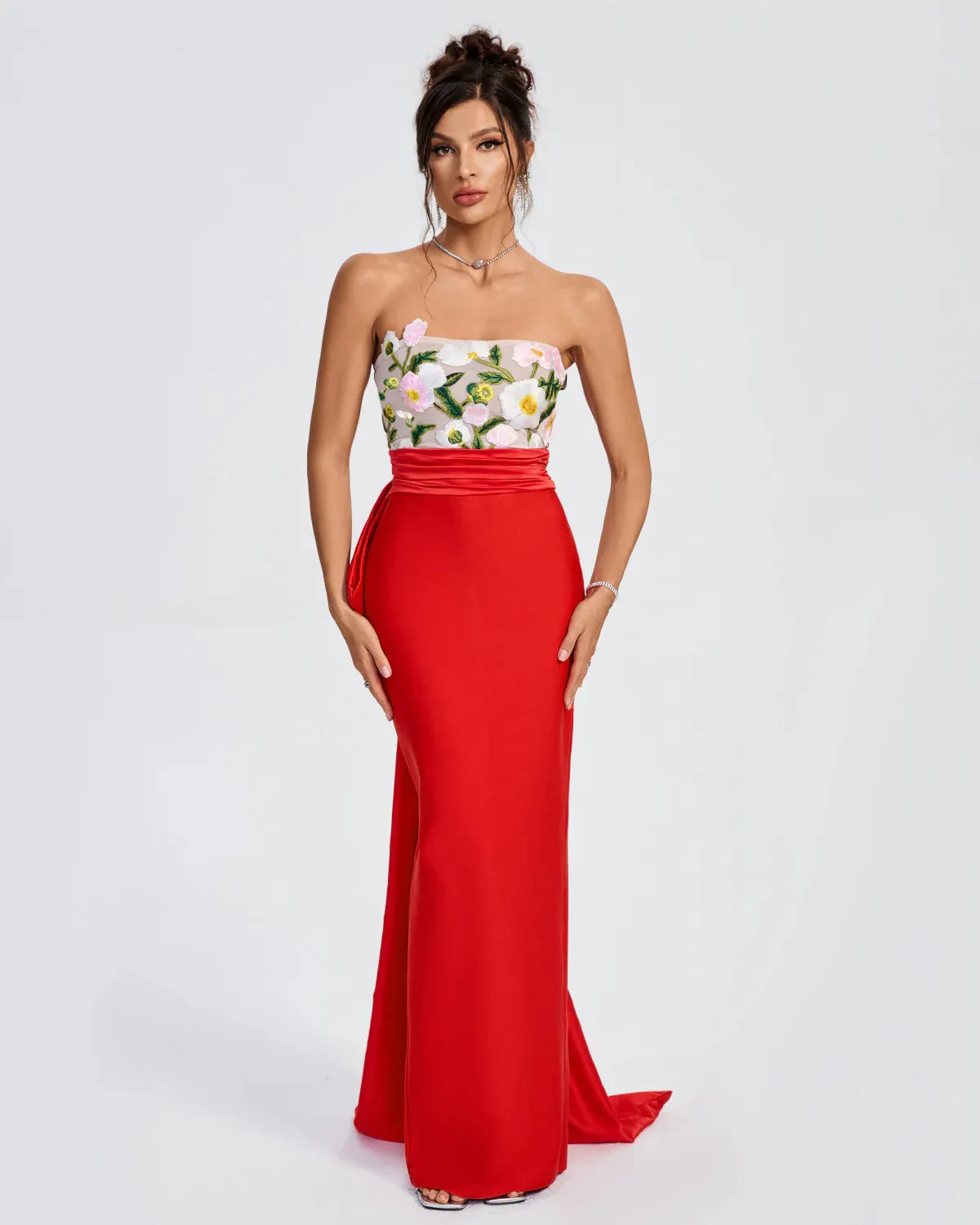 MIA Floral Embroidered Corset Bow-Draped Maxi Dress