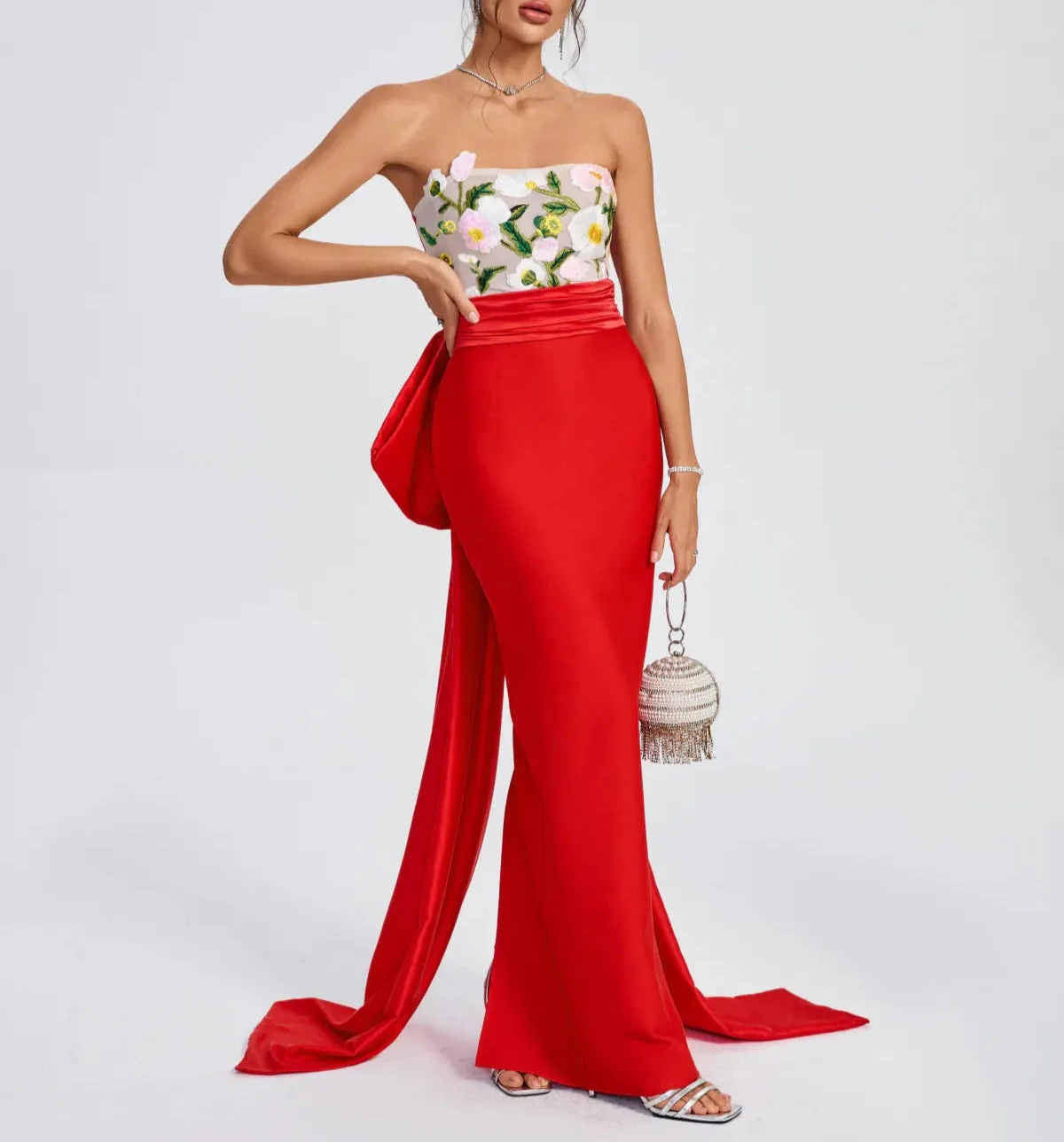 MIA Floral Embroidered Corset Bow-Draped Maxi Dress