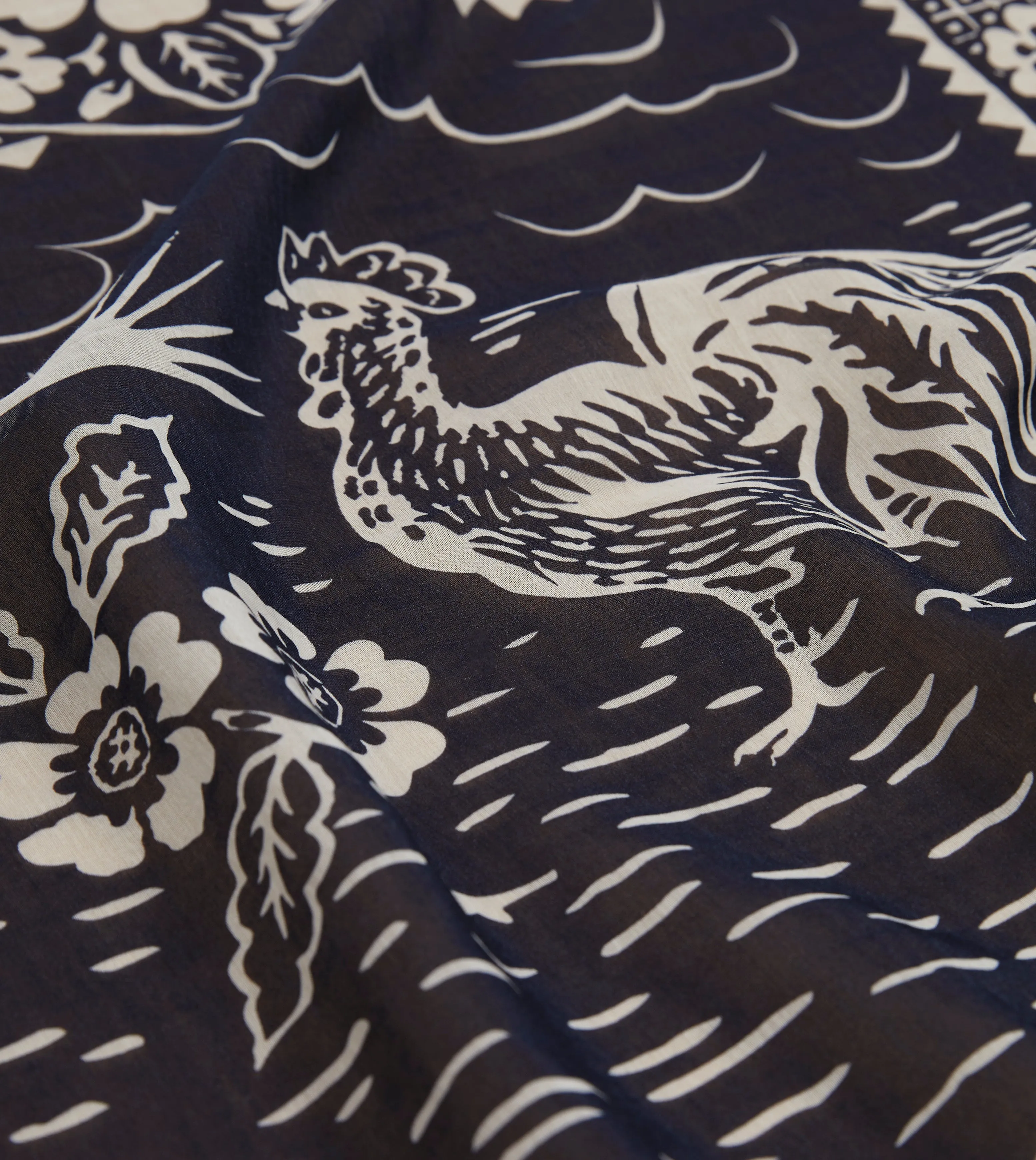 Navy Cockerel Print Silk-Cotton Bandana