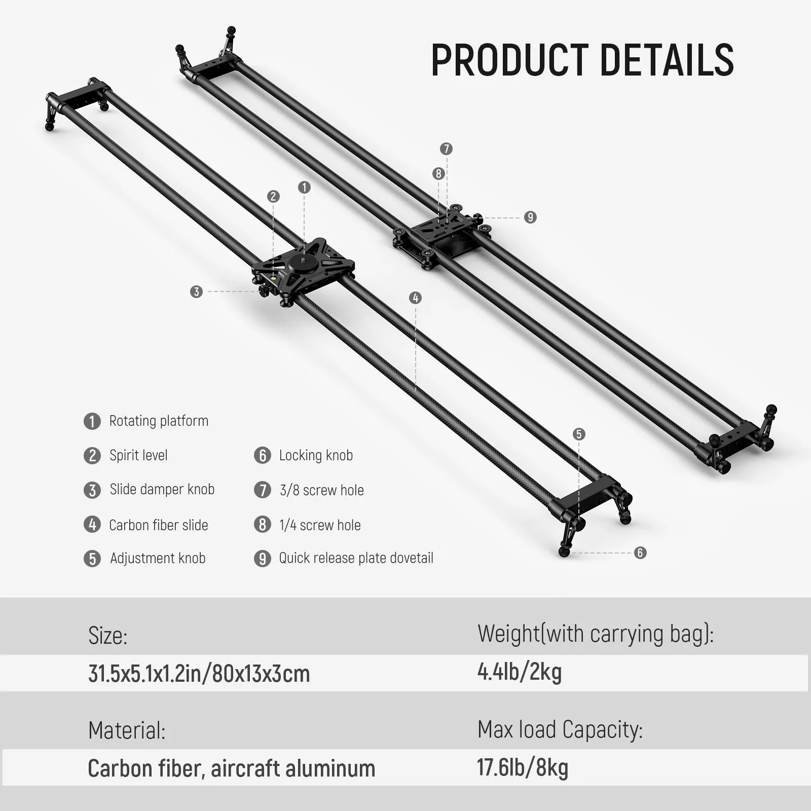 NEEWER CS120CM 47.2in/120cm Carbon Fiber Camera Slider