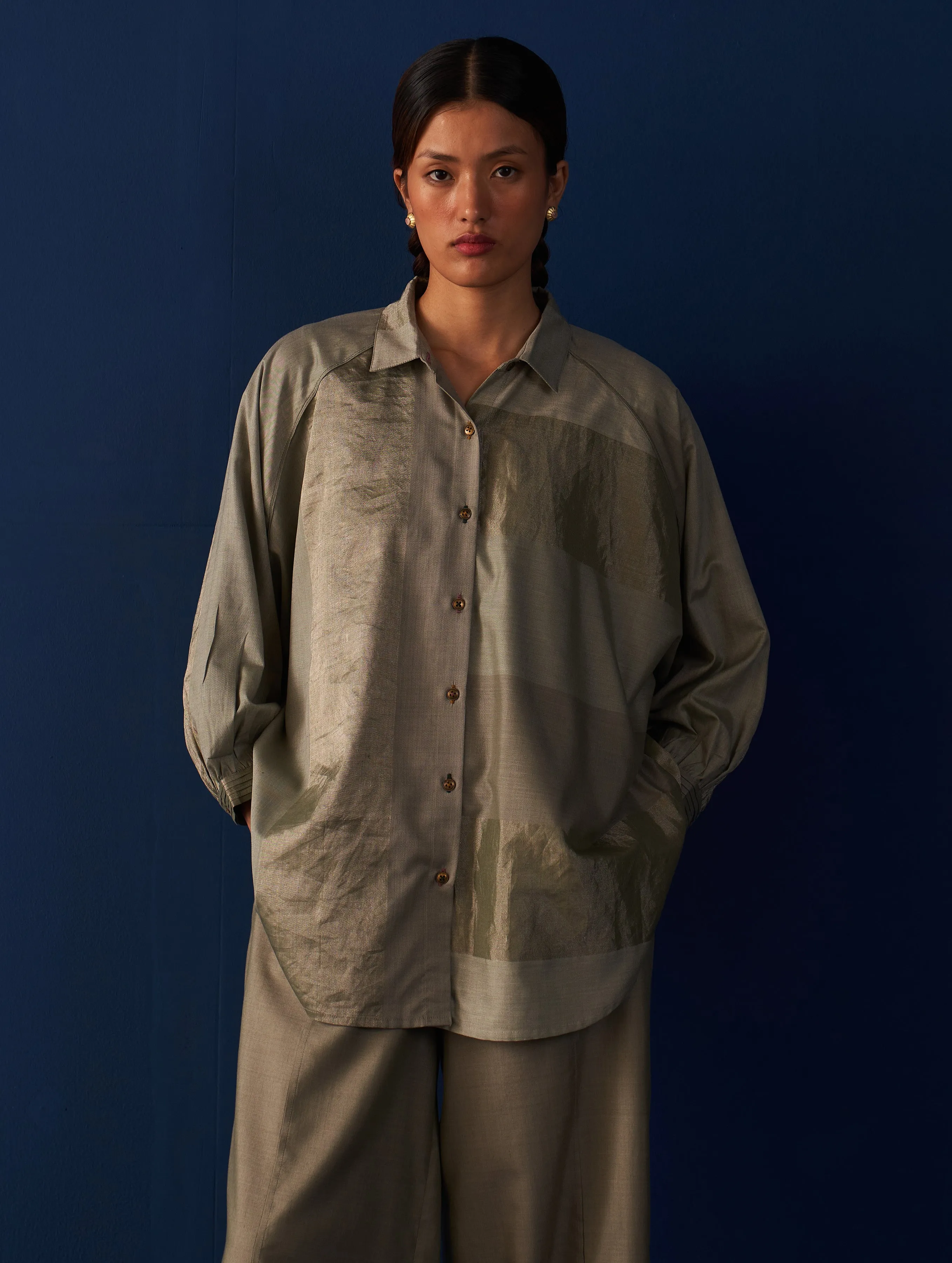 Nora Stripe Silk Shirt - Sage Grey