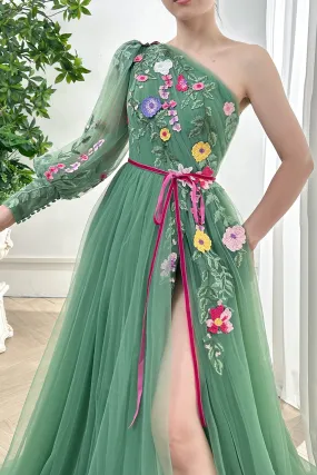 One Shoulder Long Sleeves Floral Embroidery Dress with Slit