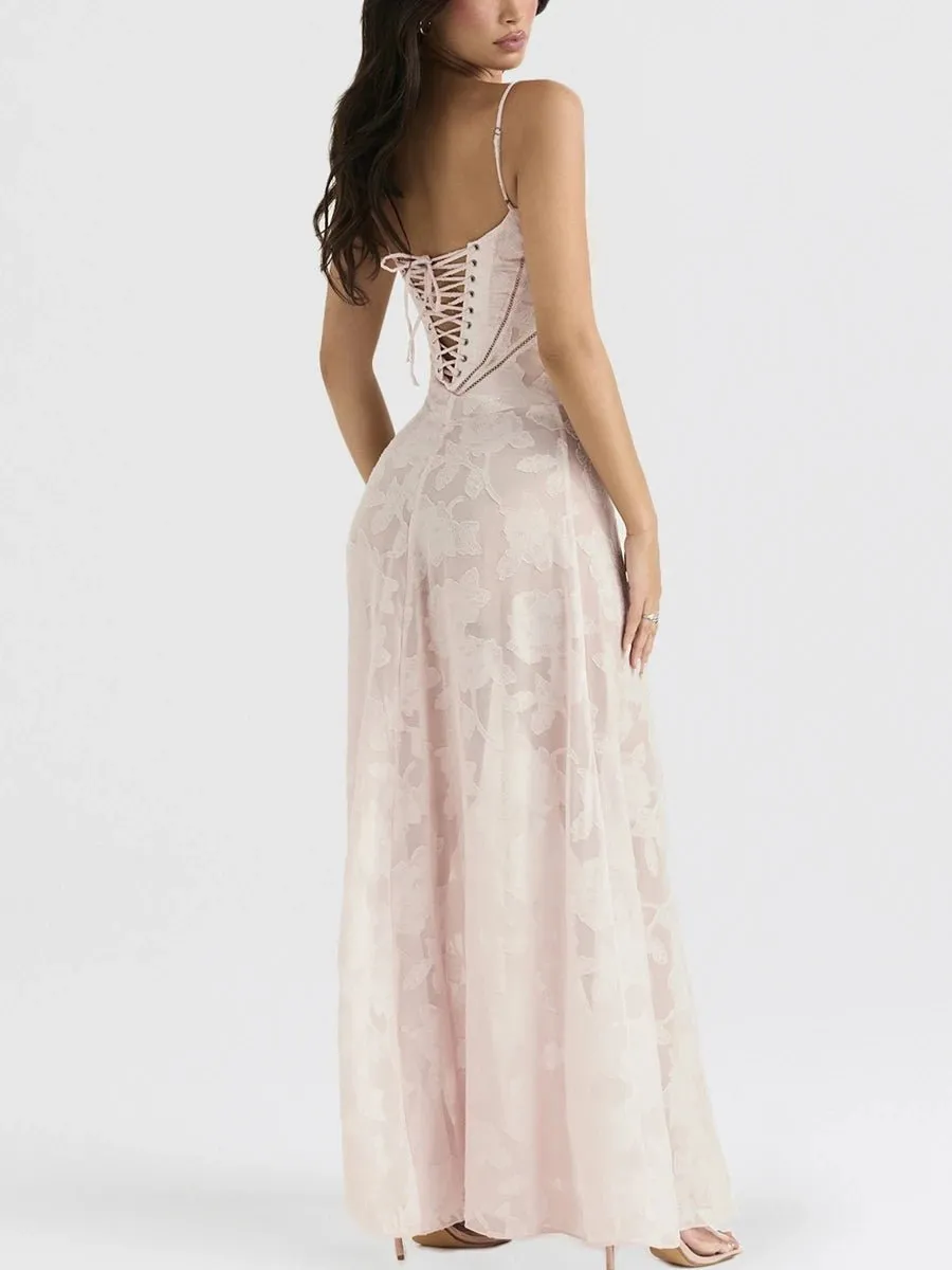 Pink Lady's Dream: Enchanted Floral Lace Corset Back Long Dress