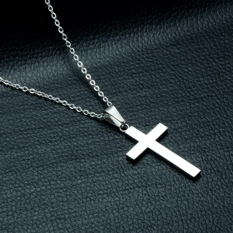 Silver Cross Pendant Necklace with Black Carbon Fiber Inlay