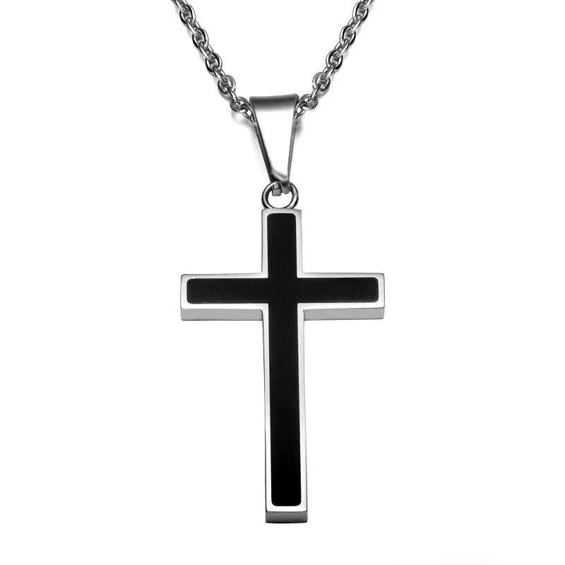 Silver Cross Pendant Necklace with Black Carbon Fiber Inlay