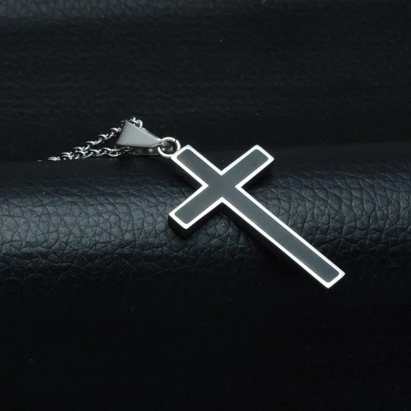 Silver Cross Pendant Necklace with Black Carbon Fiber Inlay